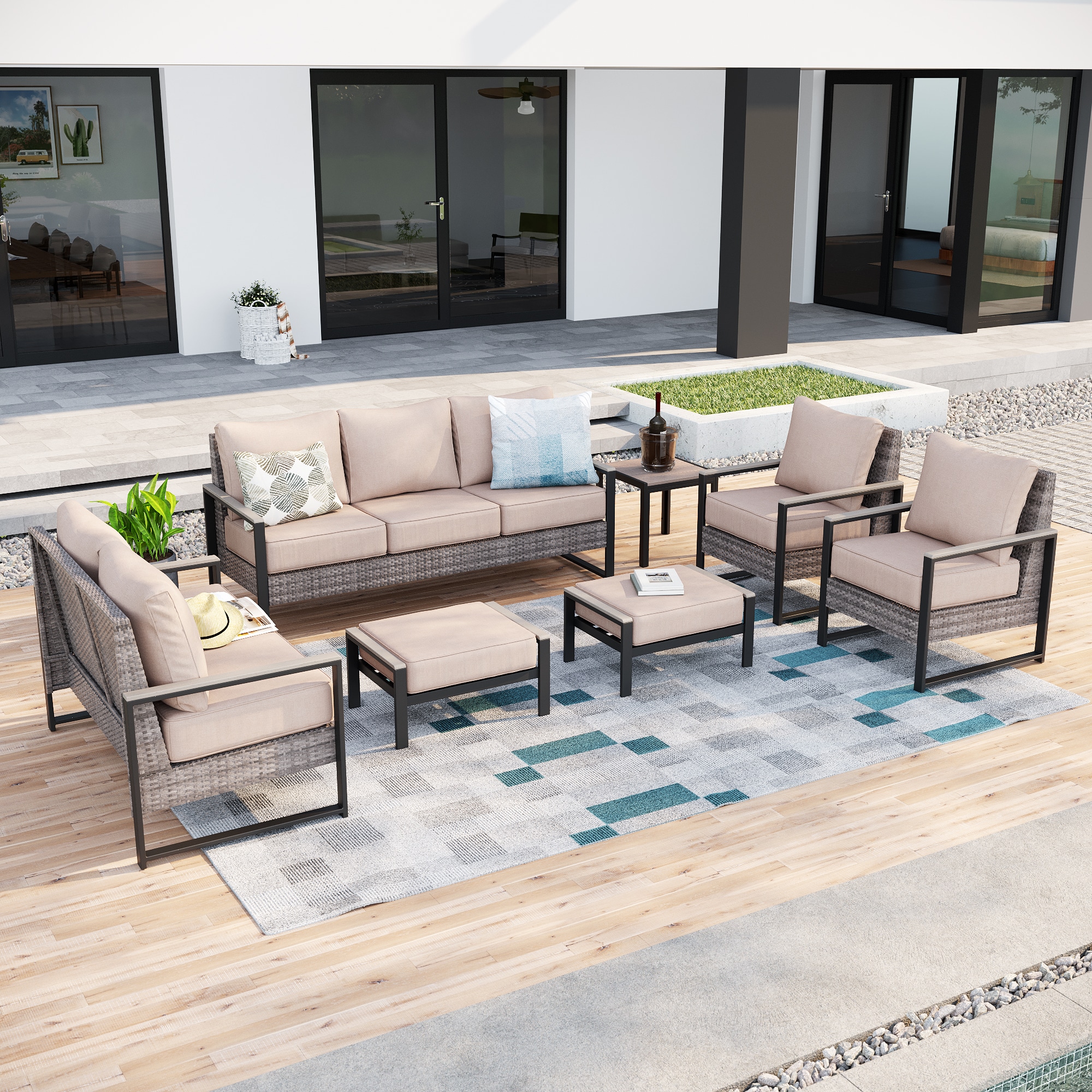 ACEGOSES LW-148HSD-S3T7 Skytop 7 -Piece Wicker Patio Sofa Conversation Set with Beige Cushions