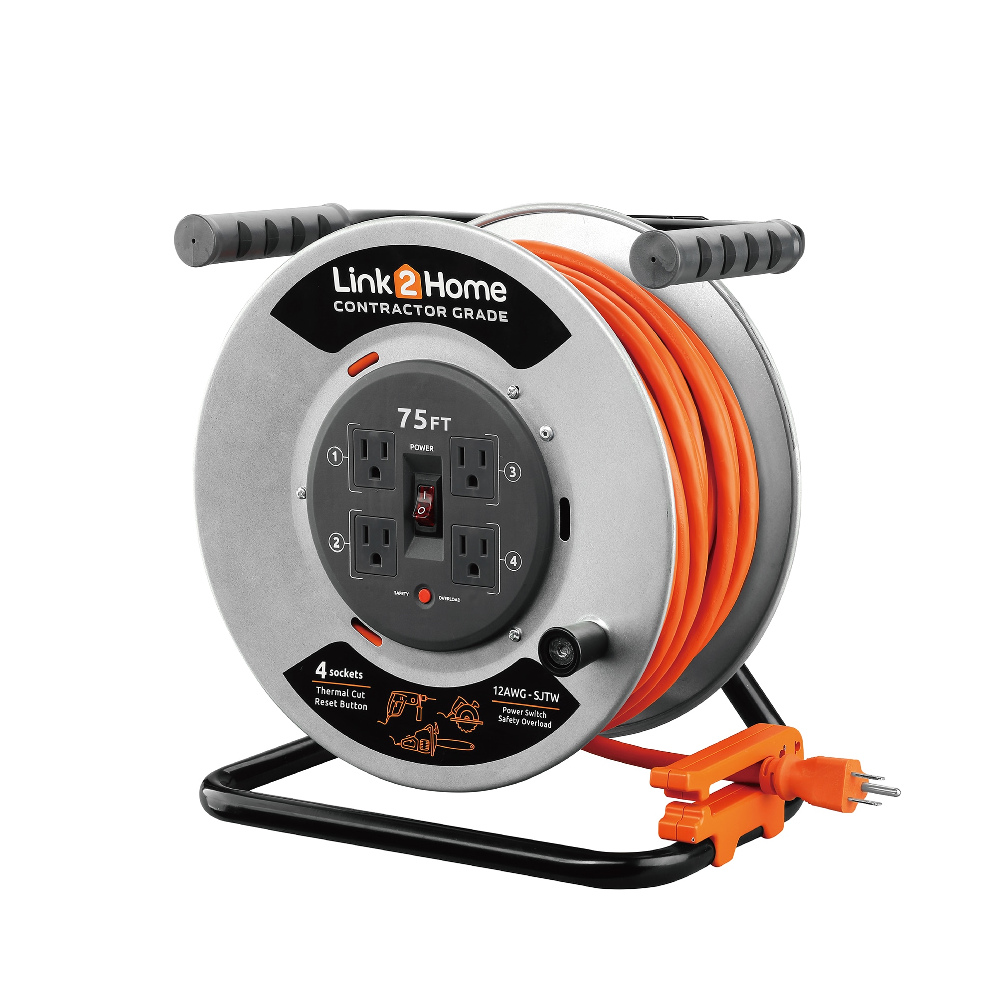 LINK2HOME Link2Home cord reel 75-ft 12 / 3-Prong Indoor Sjtw Heavy Duty General Extension Cord