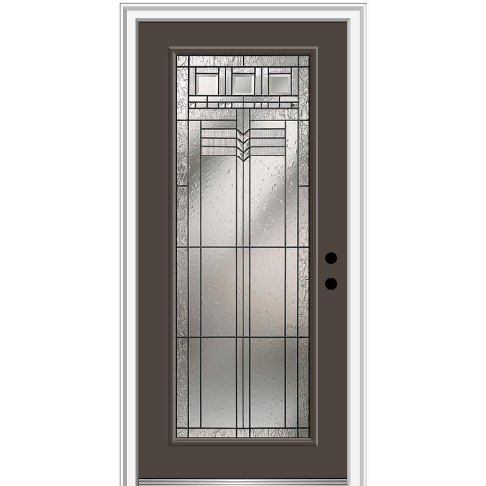 MMI DOOR ZZ3664478L 32-in x 80-in x 6-9/16-in Fiberglass Full lite Left-hand inswing Brown Painted Prehung Front Door with Brickmould Insulating core