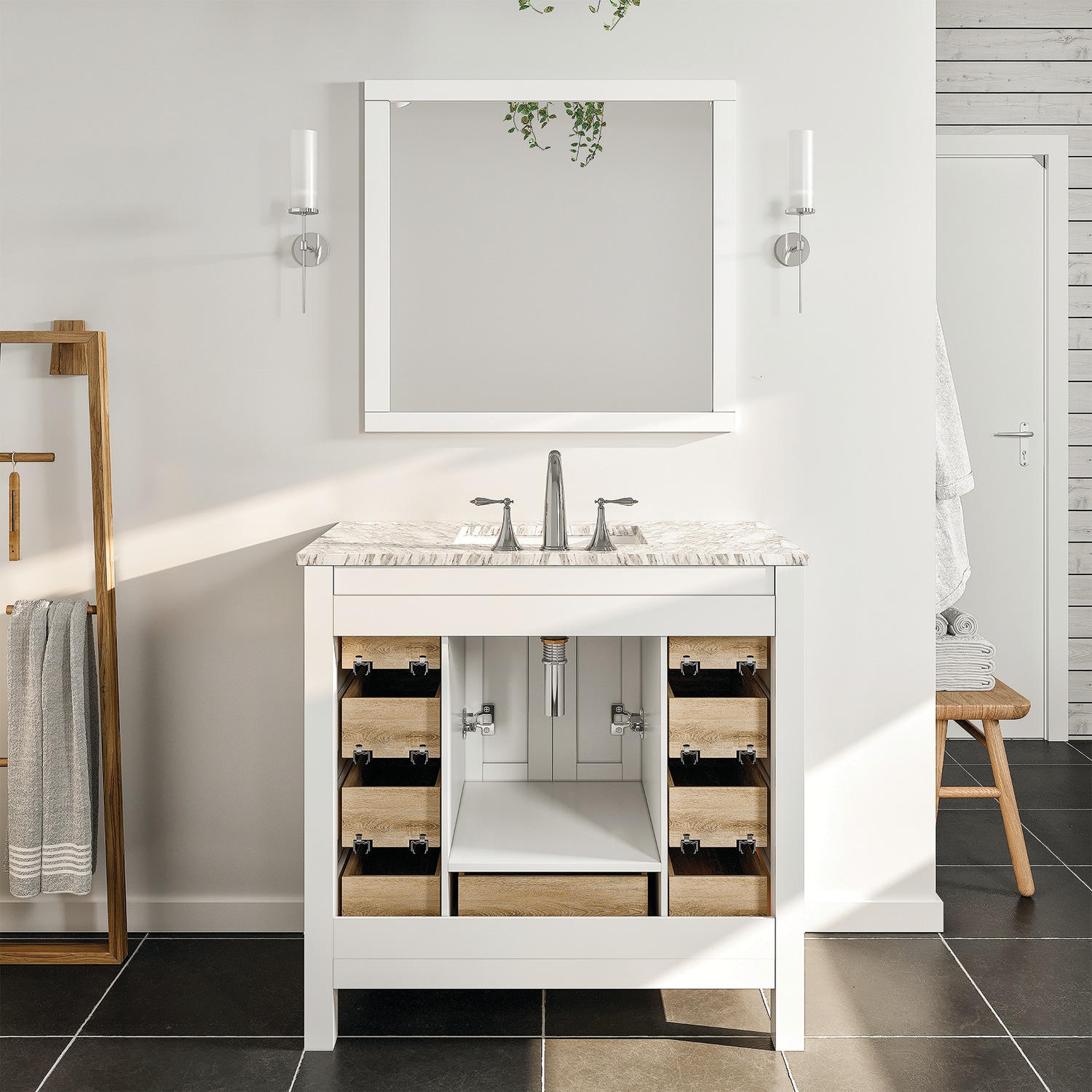 Hampton 36" White Solid Wood Bathroom Vanity with Carrara Marble Top
