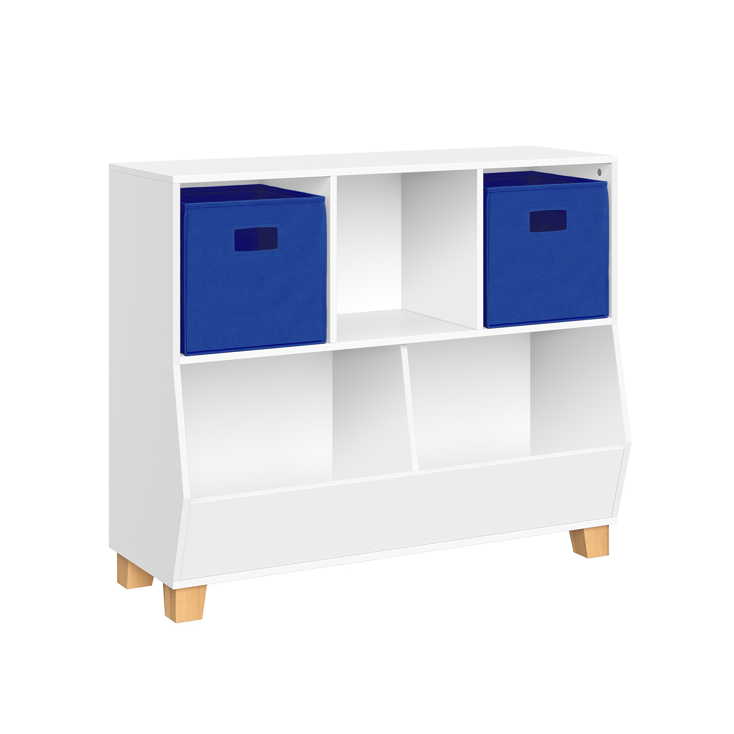 RiverRidge 02-337K Catch-All White with 2 Blue Bins 5 -Compartment Kids bookcase ( 35.1-in W x 29.1-in H x 13.31-in D )
