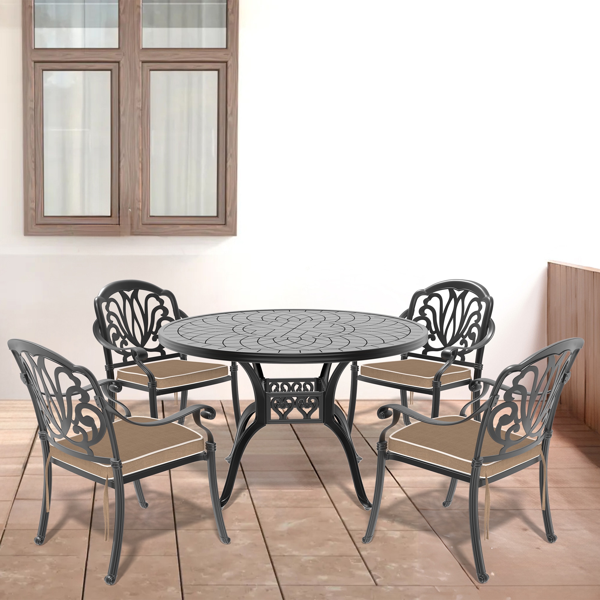 nicesure SLBK6002CZ4A1164RC 5 -Piece Black Patio Dining Set Aluminum Round Table with 4 Cushions Stackable Stationary Chairs