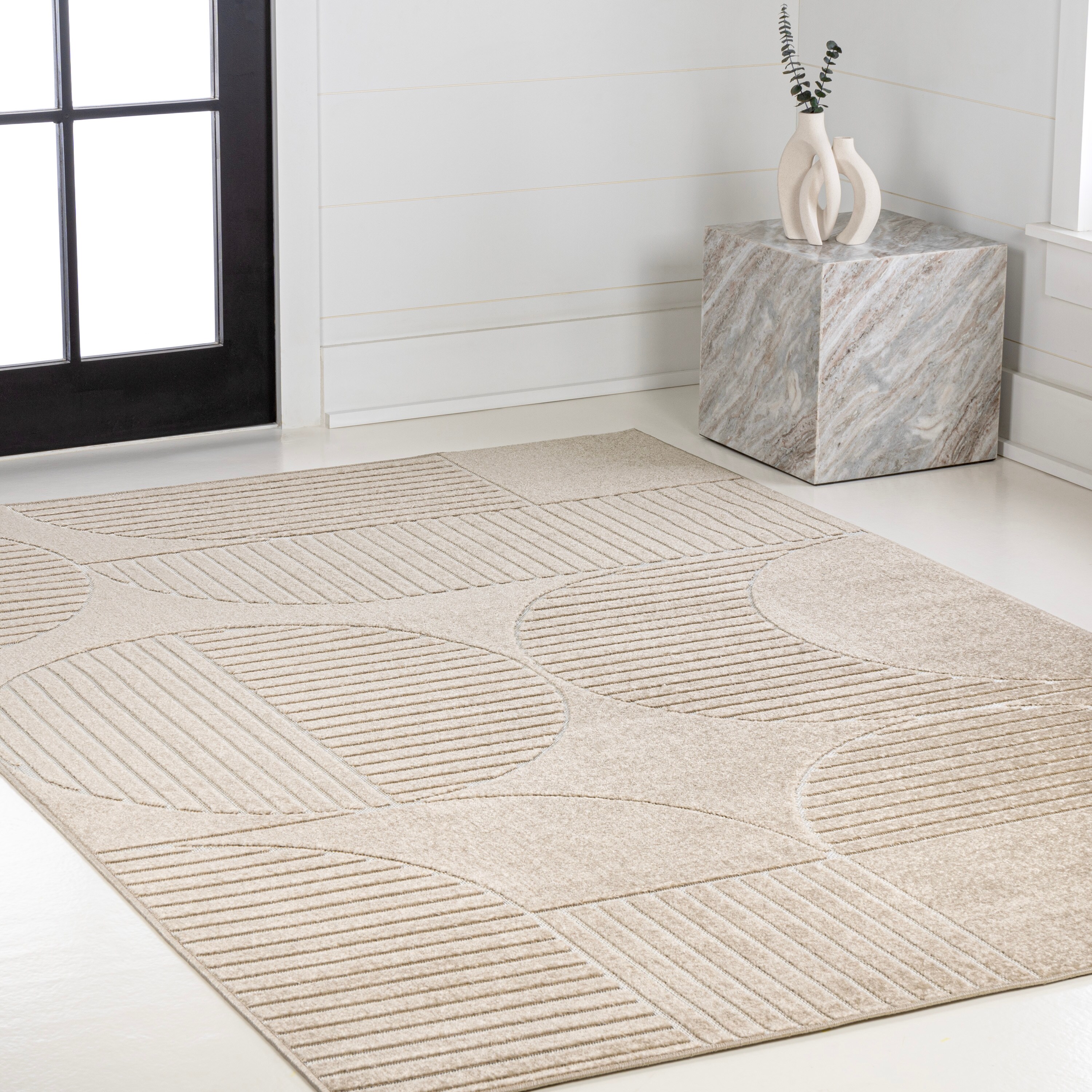 Beige and Cream Geometric High-Low Indoor/Outdoor Rug 3x5