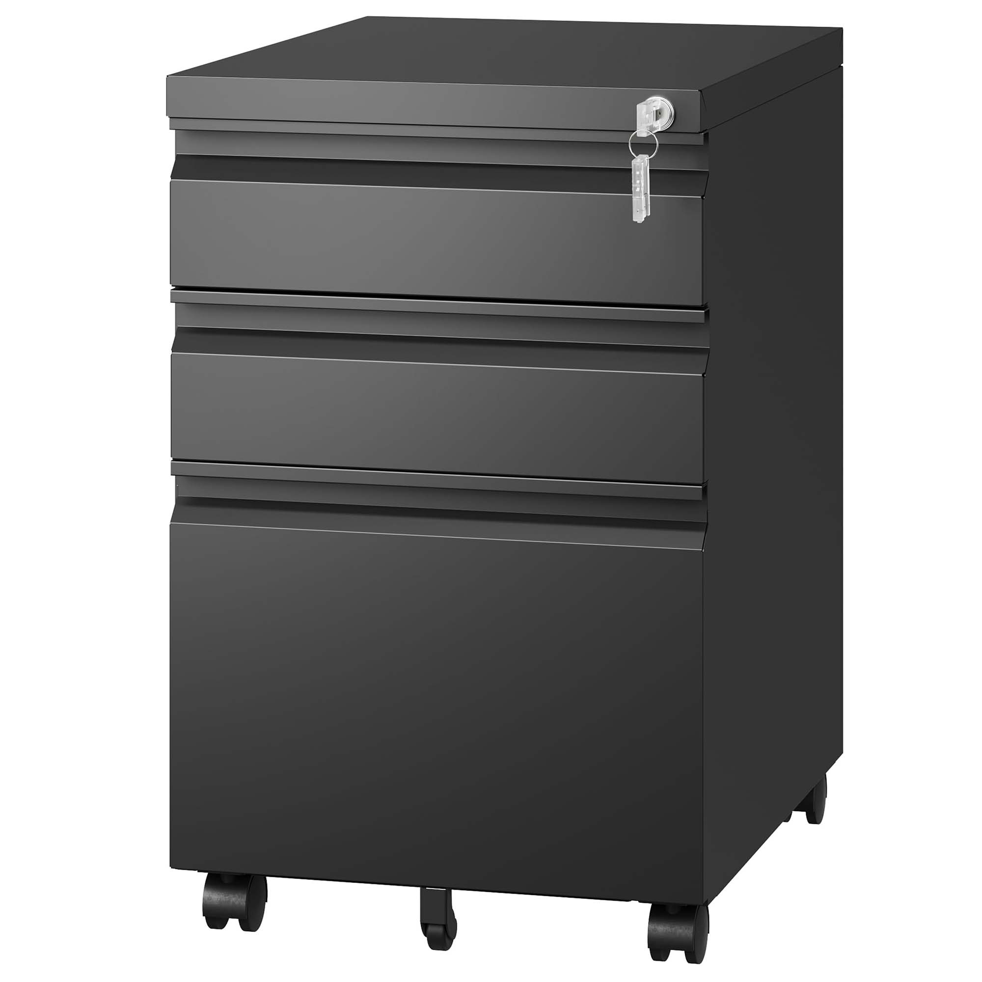 Tatayosi DJ-152001 Black Three-Drawer Mobile Metal File Cabinet With Lock For Home Office Fits Letters Legal A4 Fully Assembled