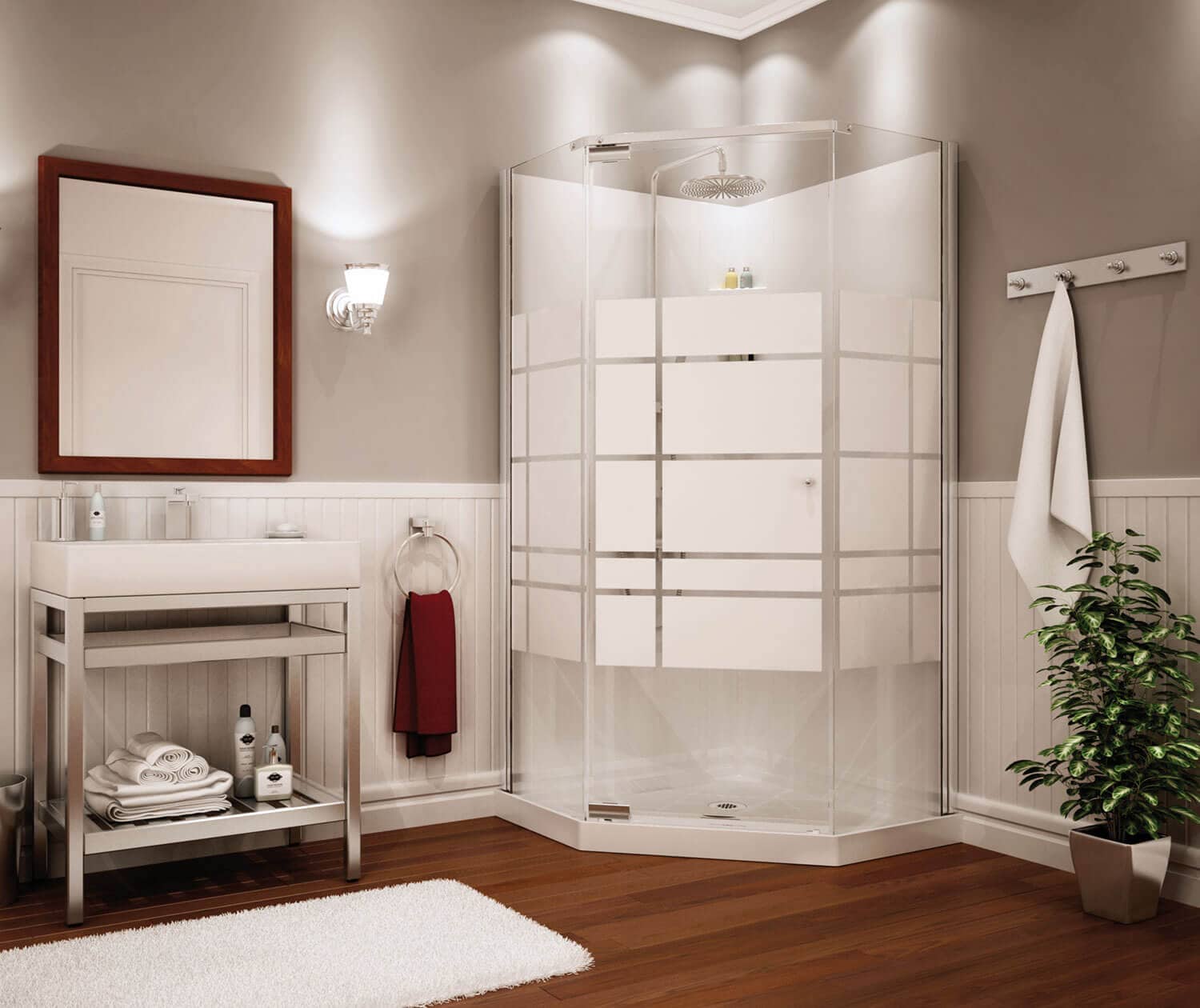 MAAX Begonia Soho 3 -Piece 36-in W x 36-in L x 72-in H Neo-angle Corner shower kit ( Center Drain) Base, Wall, Door and Drain Included Chrome Hardware Included #105618-000-129-102