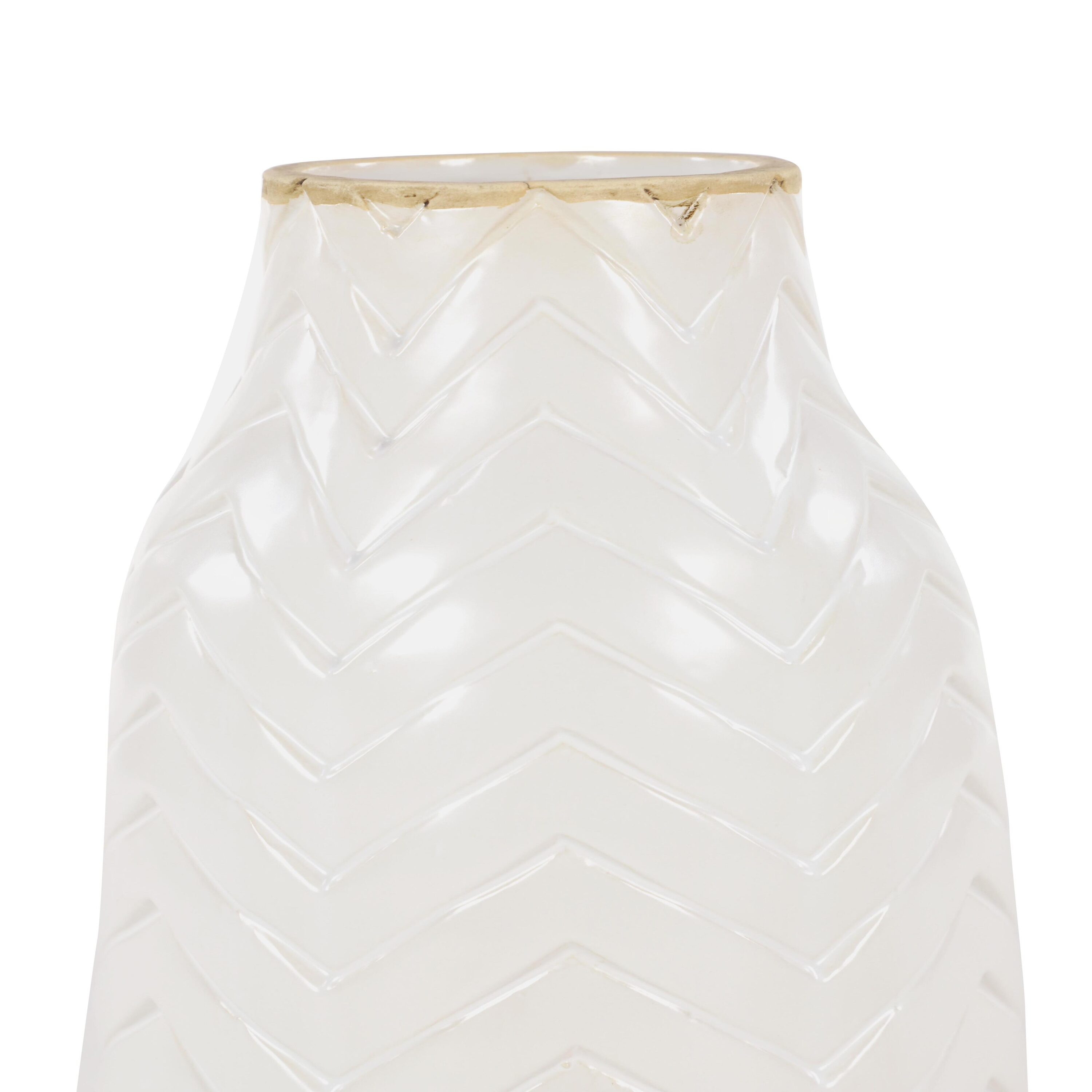 White Chevron Pattern Ceramic Vase with Brown Base, 12"