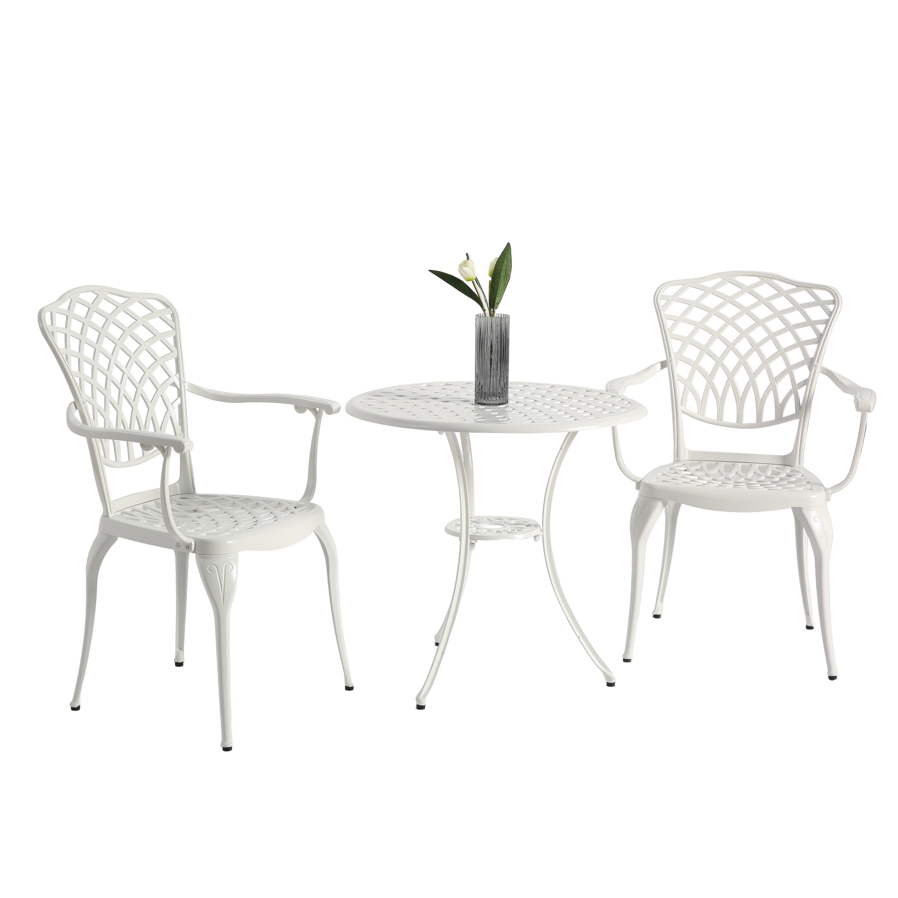 AHIOU HOME ZAAHG-P251000DS Berkeley 3 -Piece White Bistro Patio Dining Set Aluminum Round Table with 2 Cushions Stationary Chairs