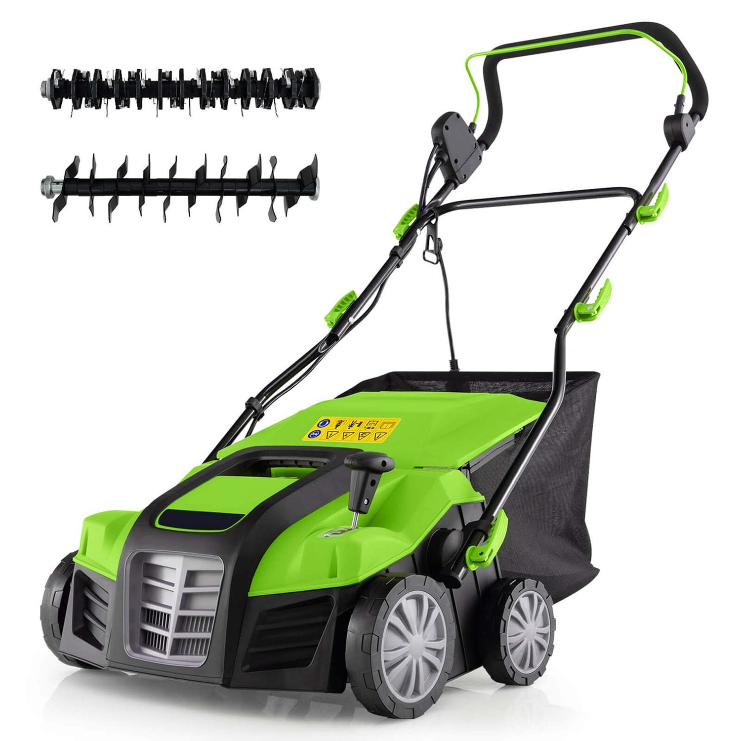 Costway HCST02391 16-Inch Electric Dethatcher and Scarifier 15A 2-In-1 Lawn Dethatcher Green