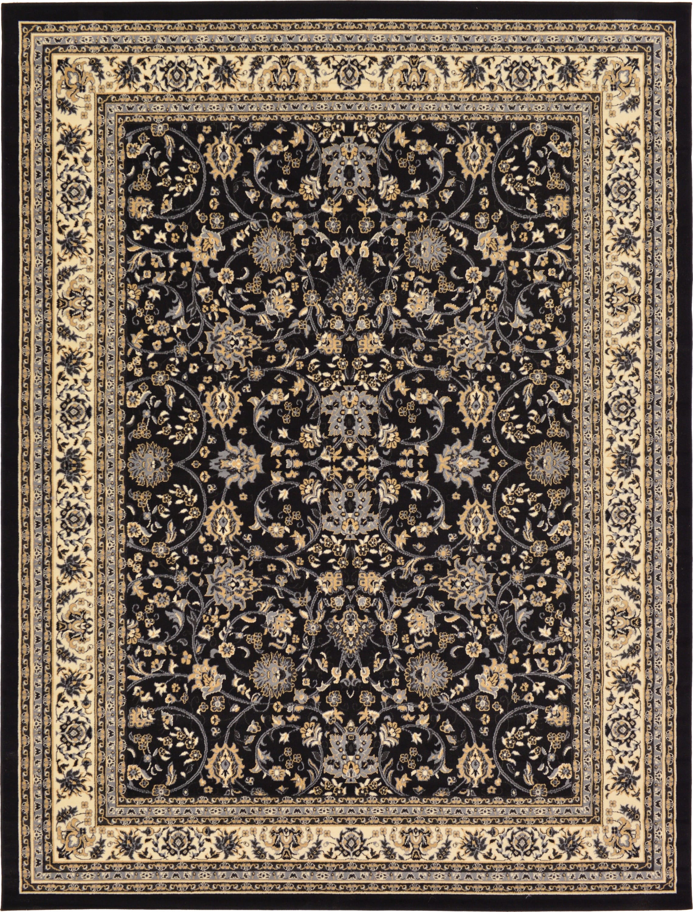 Unique Loom 3124947 Washington Sialk Hill 9 x 12 (ft) Loomed Polypropylene Black/Gray Rectangular Indoor Floral/Botanical Vintage Area rug