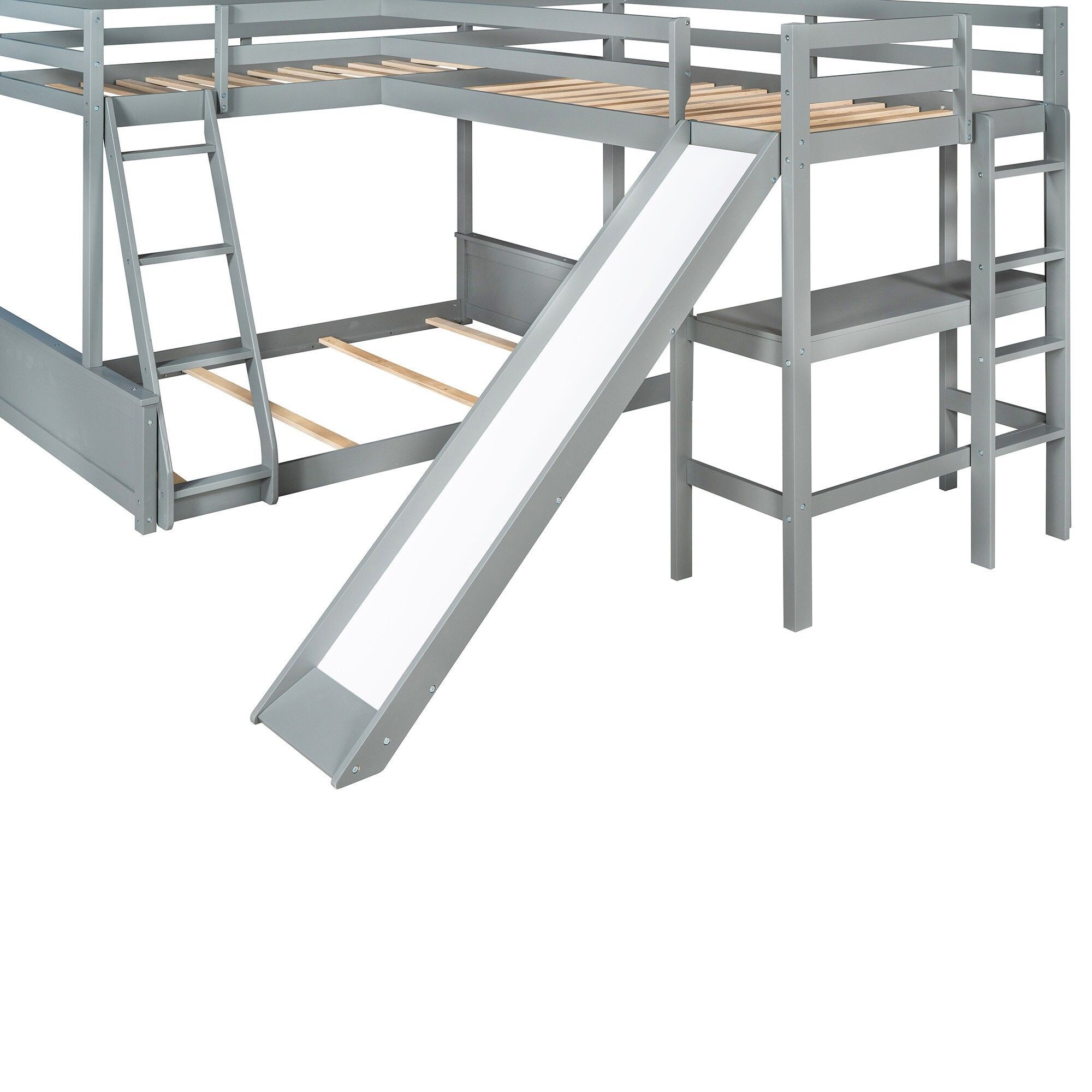 Yiekholo Gray L-Bunk Bed with Desk and Slide, Twin Over Twin Over Full ...