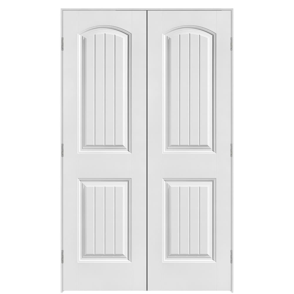 Masonite 641016 48-in x 80-in Primed Hollow core 2-panel round top plank Bi-parting Smooth Primed Molded composite Flat Jamb Double Prehung Interior Door