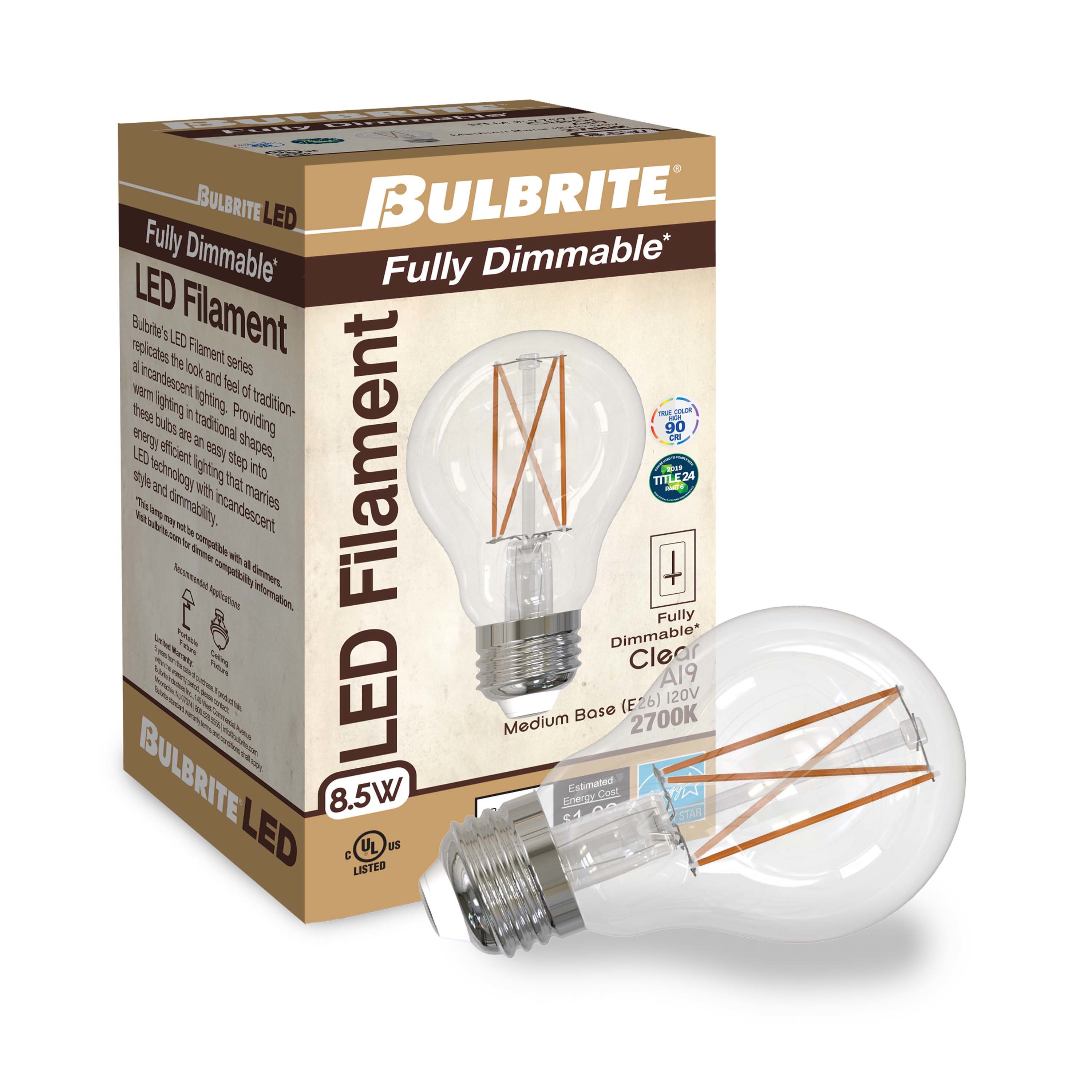 Clear 8.5 Watt Dimmable LED Filament Light Bulbs, Pack of 2
