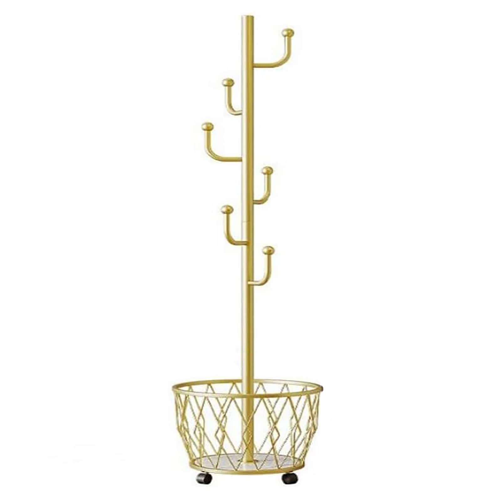 Etokfoks  Cactus Series Gold Metal Umbrella Stand with 6 Hooks Basket 360 Degree Rotation Wheels Modern Organizer