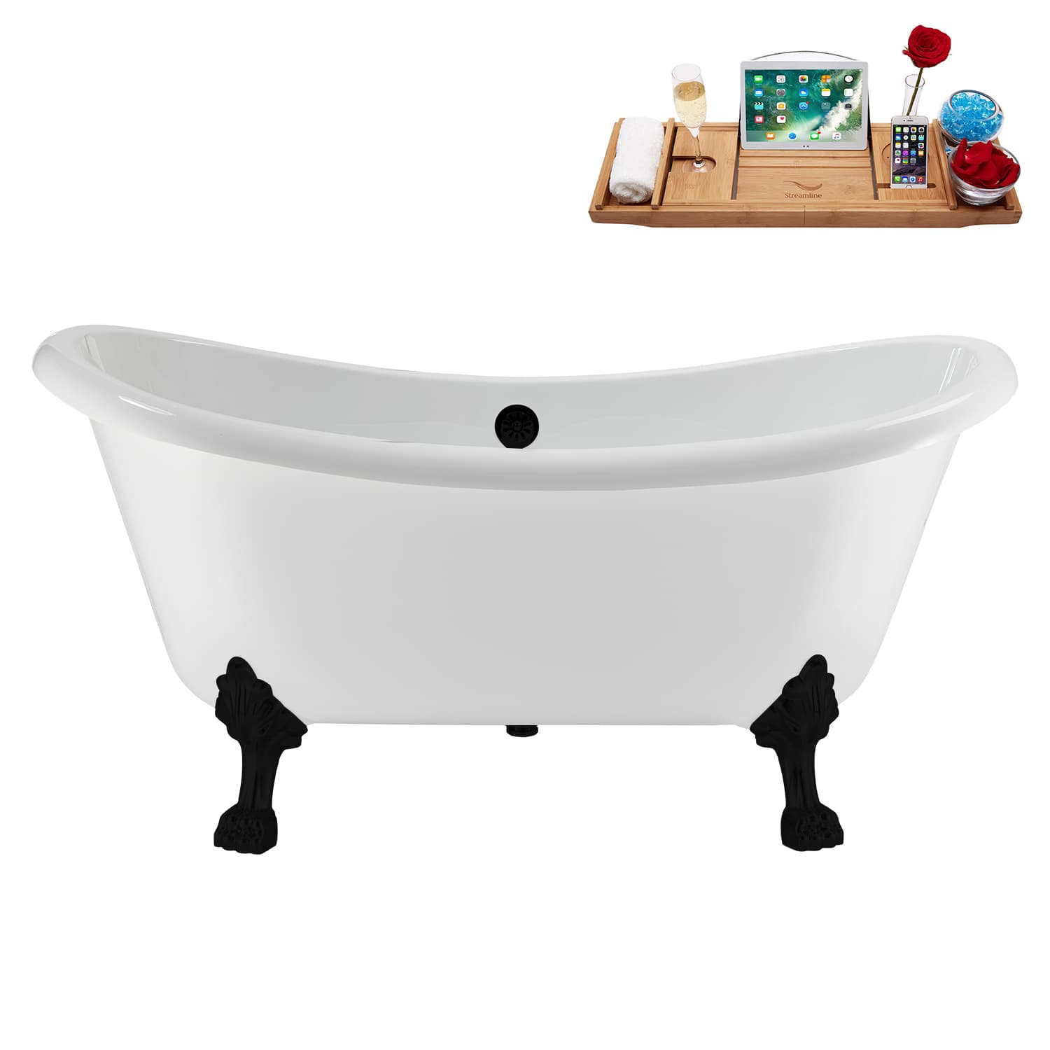 Streamline 59 inch  Soaking Clawfoot Tub and Tray With External Drain in Matte Black and Matte Black Clawfeet