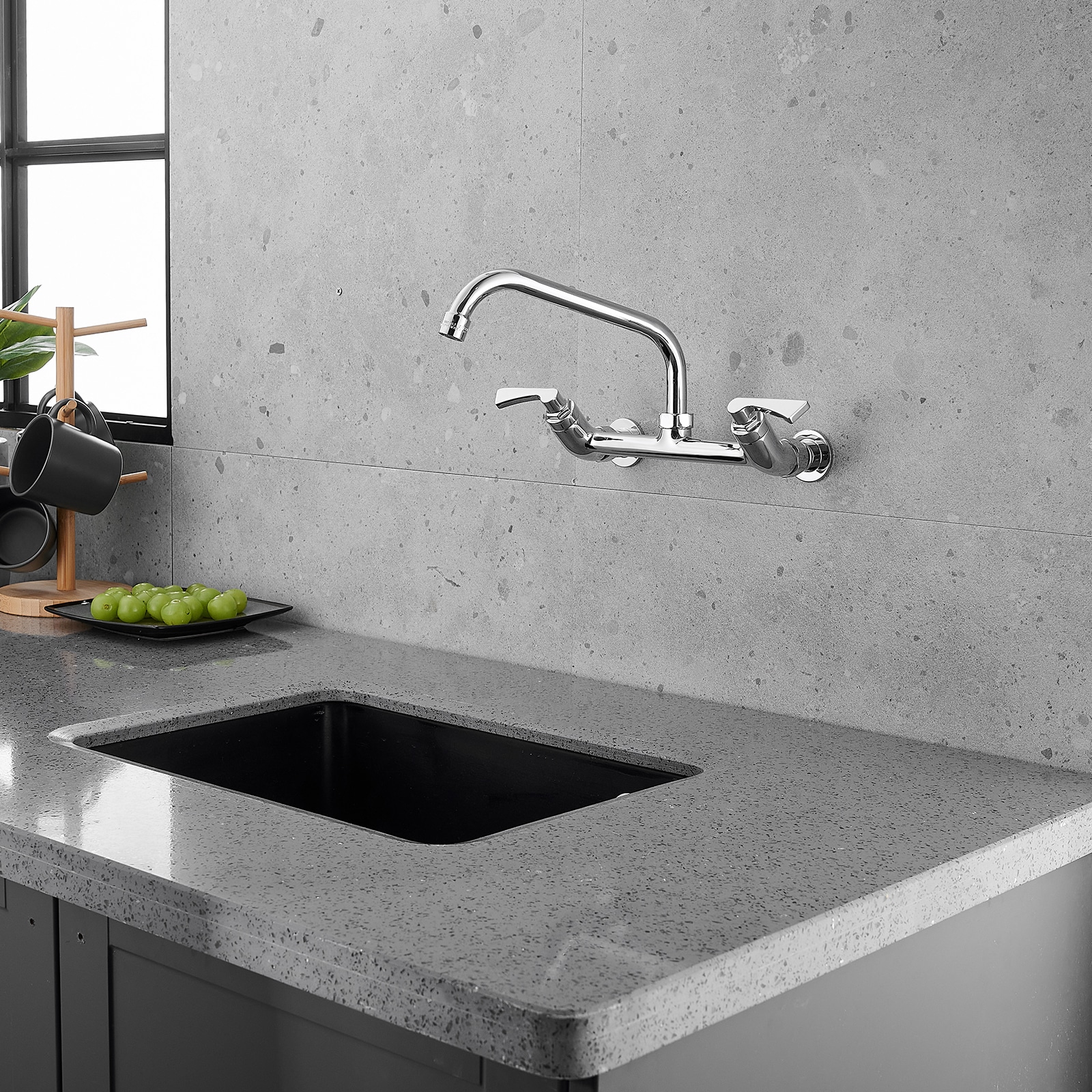 Chrome Double Handle Wall-Mount Kitchen Faucet with Swivel Spout