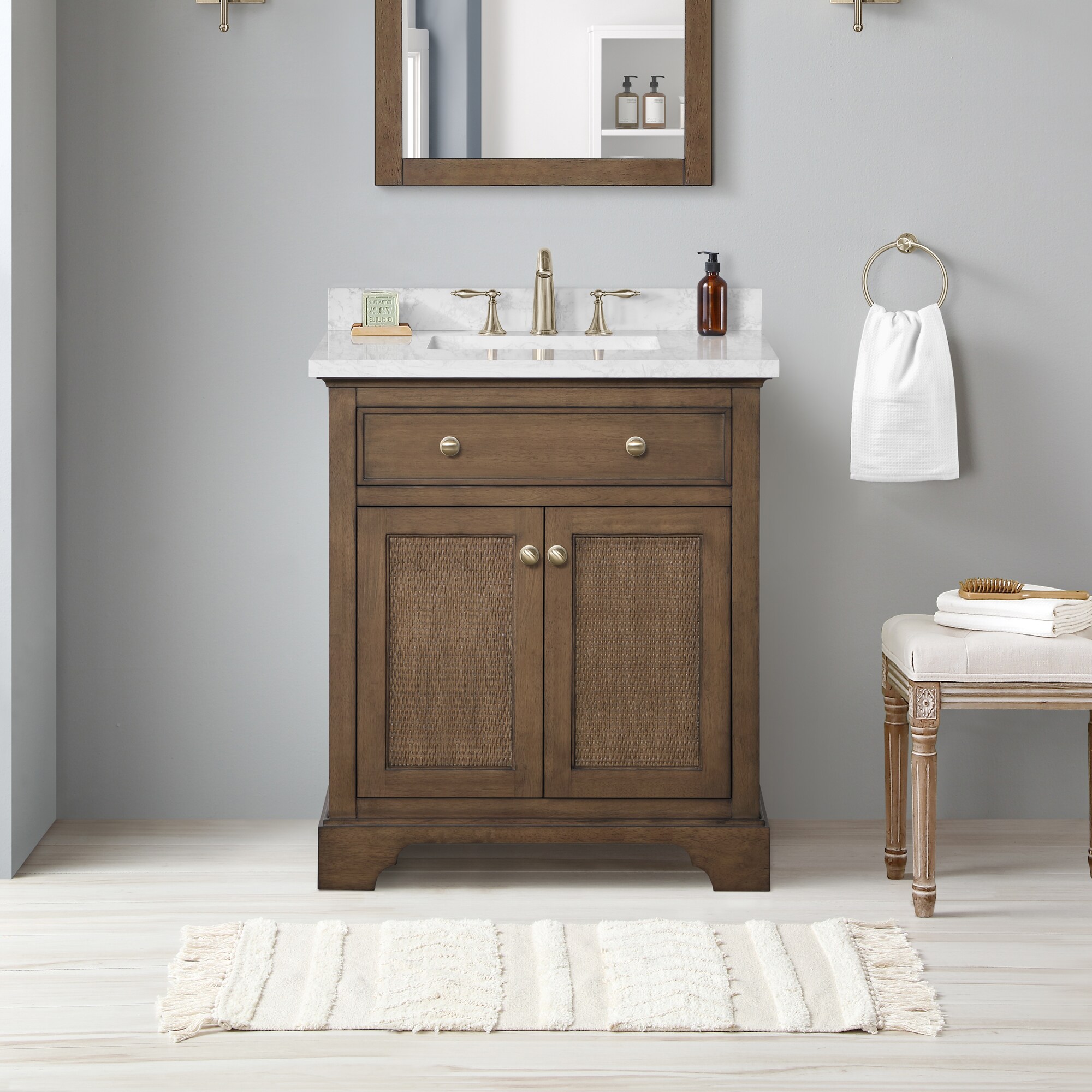 allen + roth Ronald 72-in Almond Toffee Undermount Double Sink Bathroom  Vanity with White Engineered Stone Top in Brown