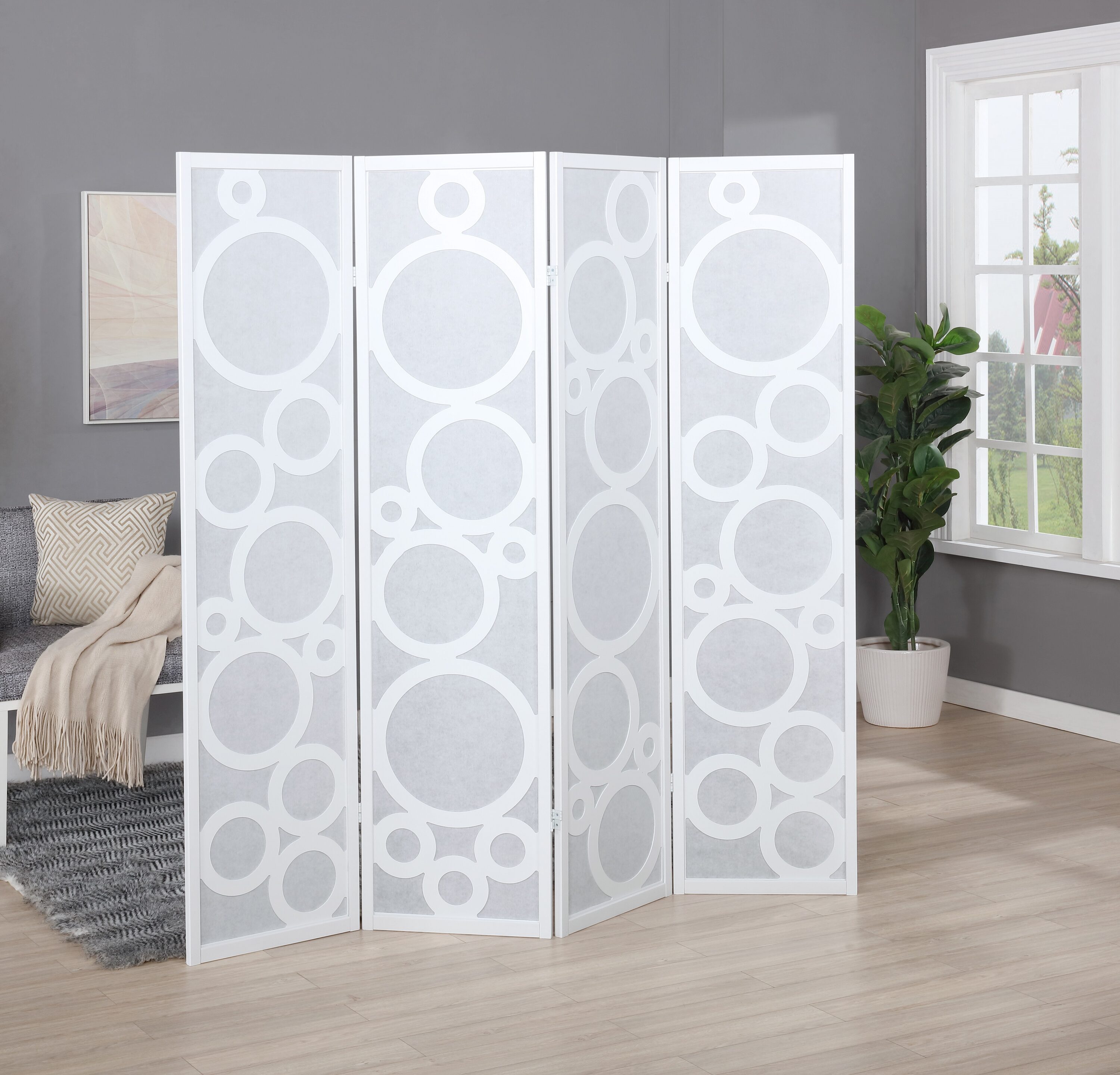 Roundhill Furniture RD045WH Arvada 4 -Panel White Fabric Folding Contemporary/Modern Style Room Divider