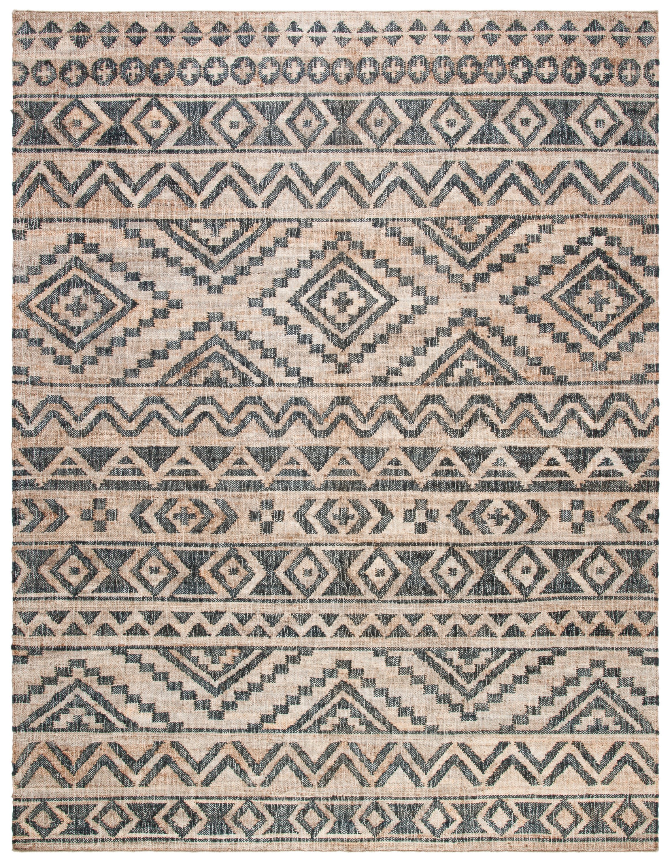 Natural and Black Geometric Wool Cotton 9' x 12' Area Rug