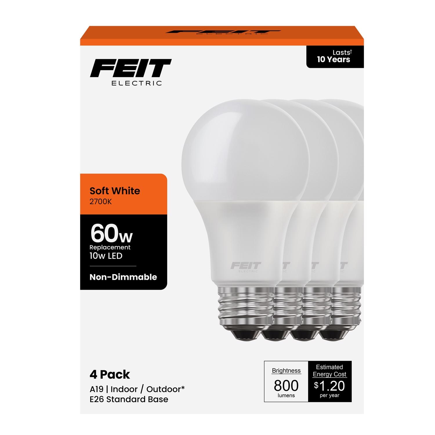 Feit Electric EJD3001126 A19 E26 Medium LED Bulb Soft White 60 Watt Equivalence 4 pk