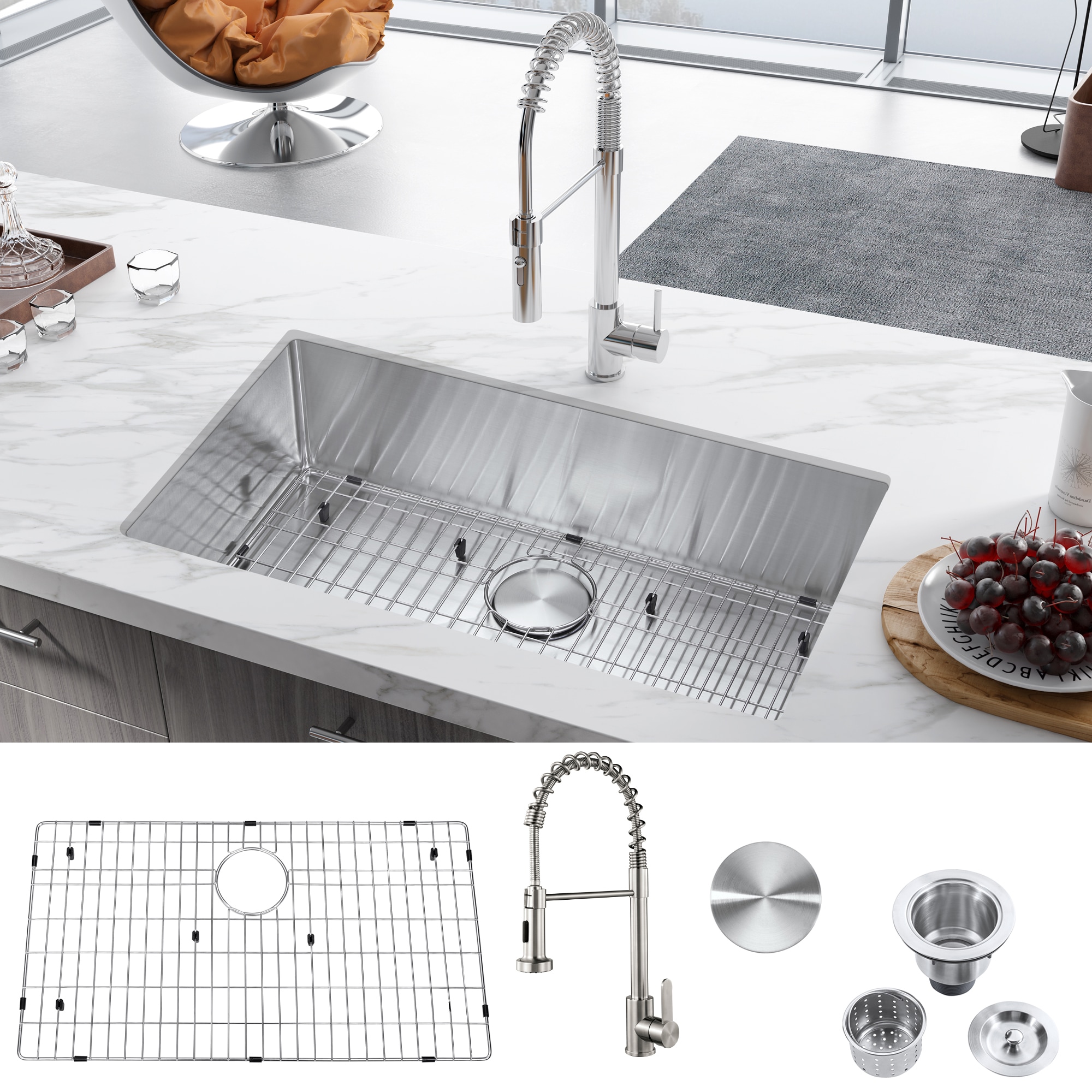 Nauxus Undermount 32-in x 18-in Single Bowl Stainless Steel Kitchen Sink with Accessories and Faucet