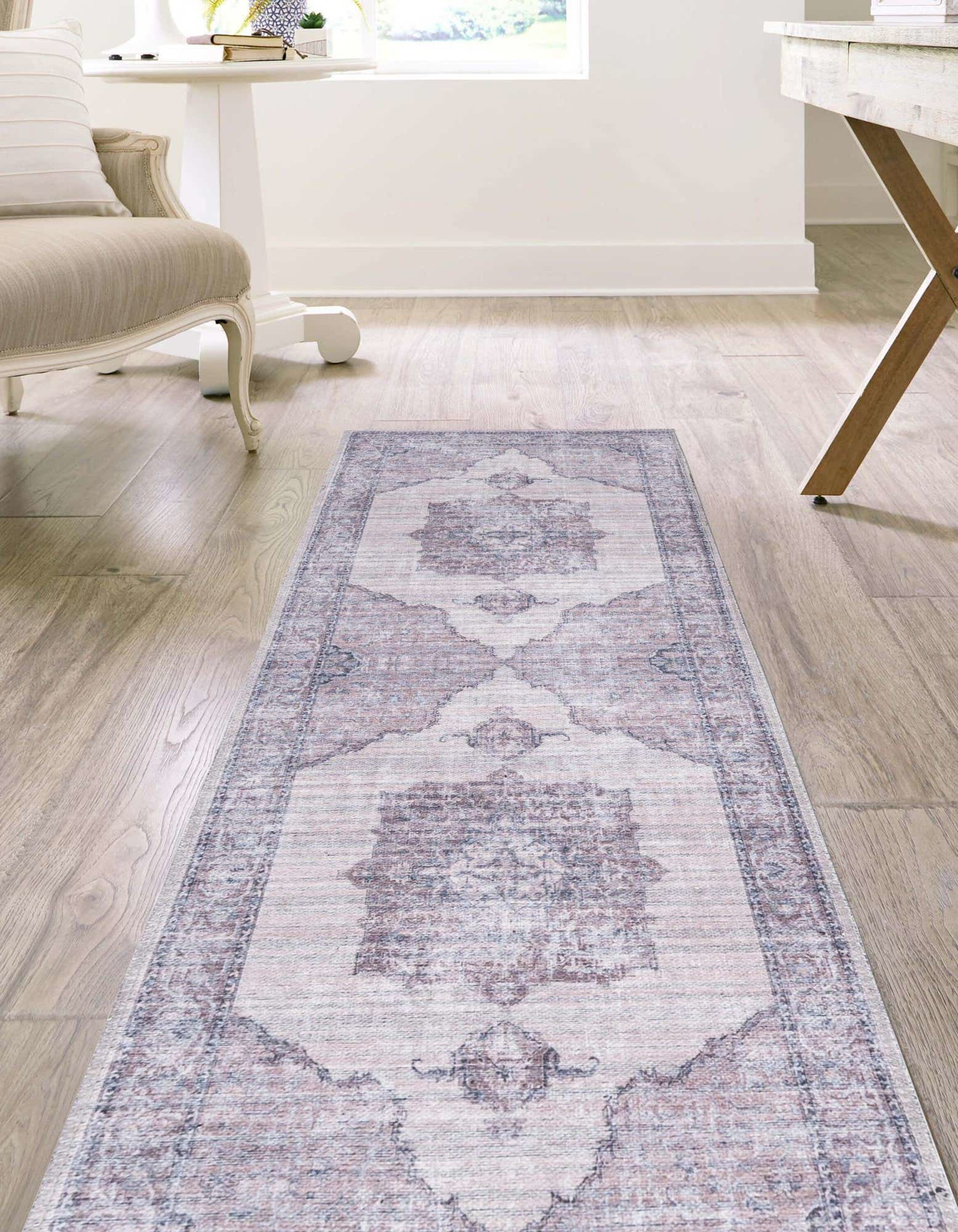 Ivory Floral Chenille Washable Runner Rug