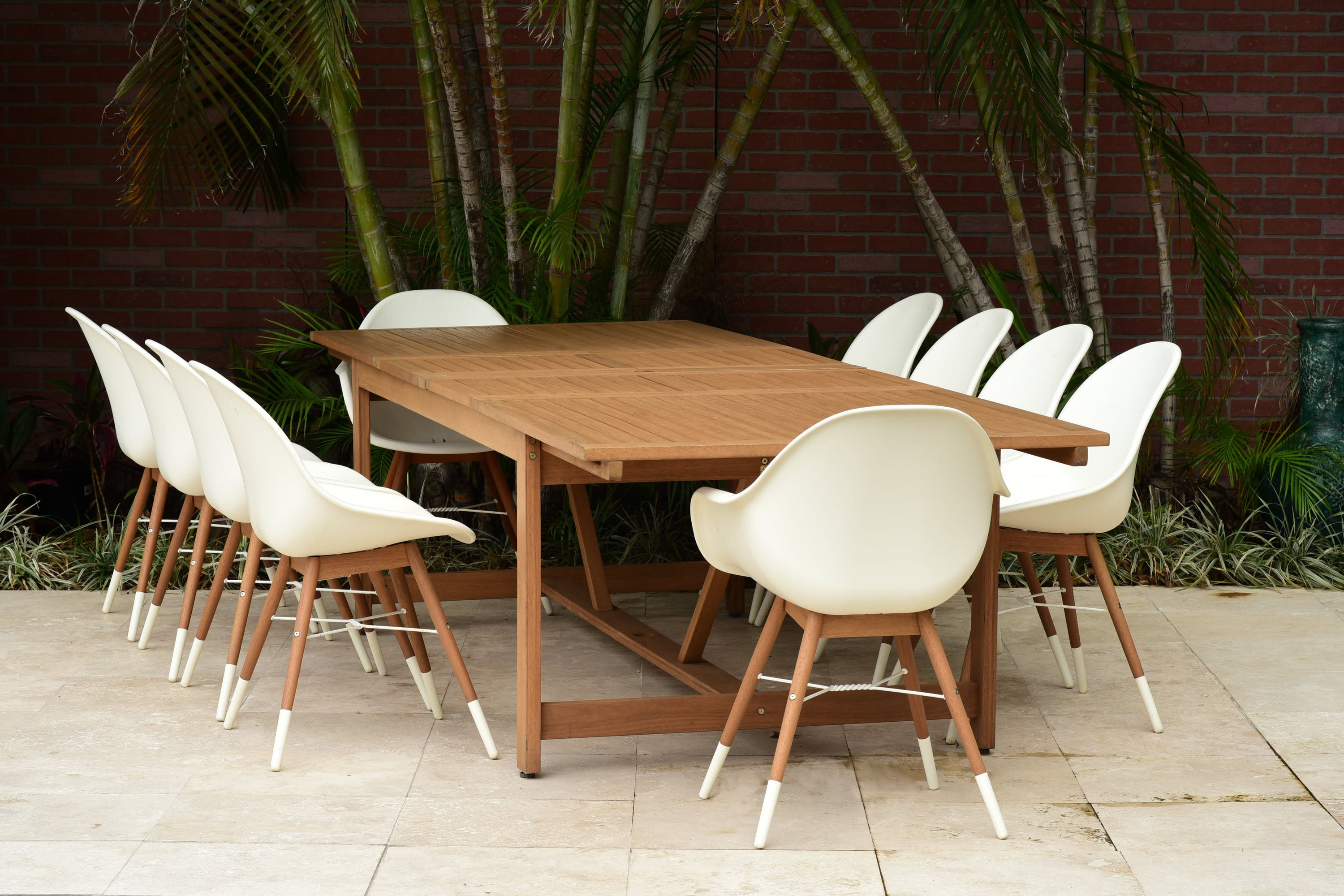 Amazonia LEYLOT8CHA2CHAMSD WT  Eucalyptus 11 -Piece Brown Patio Dining Set Extendable Table Eucalyptus Rectangle Table with 10 Brown Stationary Chairs