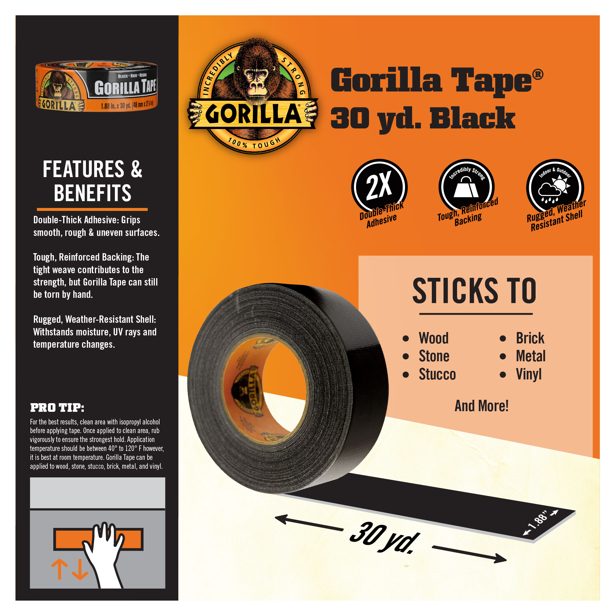 Gorilla 30 Yard Black Tough Duct Tape Single Roll Pack of 1 