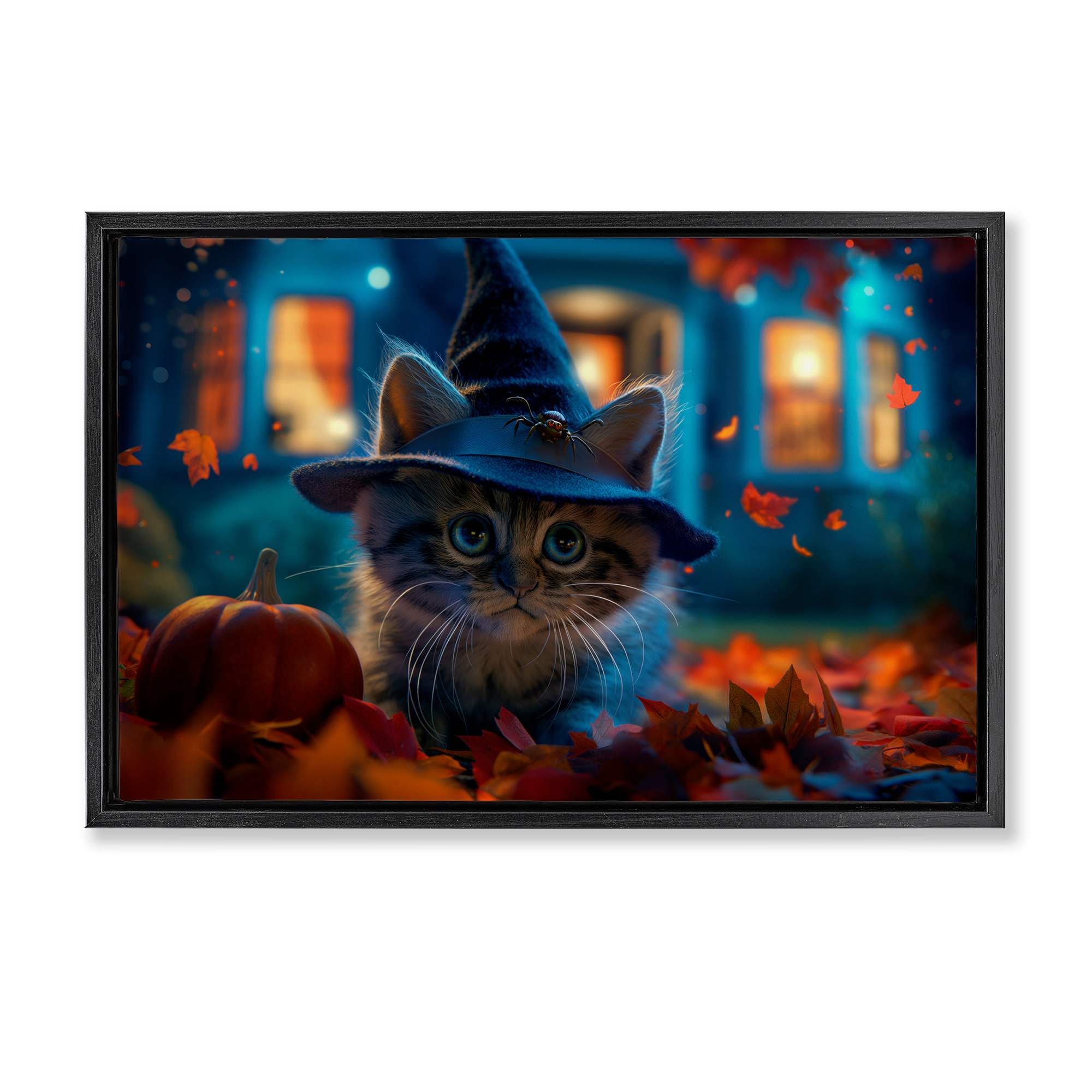 Stupell Industries BT-336-FFB-20X30 Halloween Witch Kitten and Pumpkin Black Framed Floater Canvas Wall Art By Wumples 31 x 21