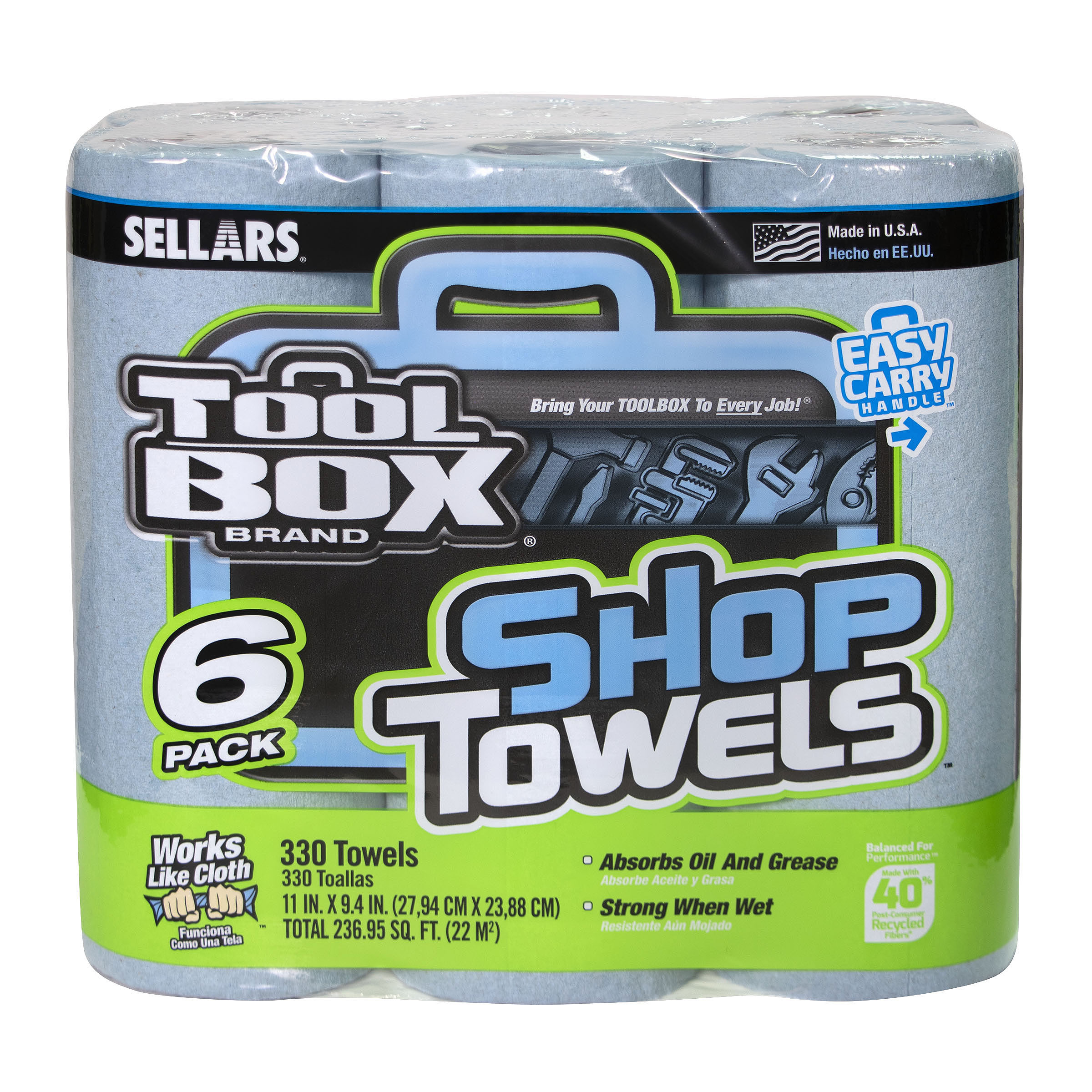12 Length x 10 Width 6 Rolls of 200 Sheets Blue Sellars 55207 ToolBox Shop Towels Dispenser Refill 