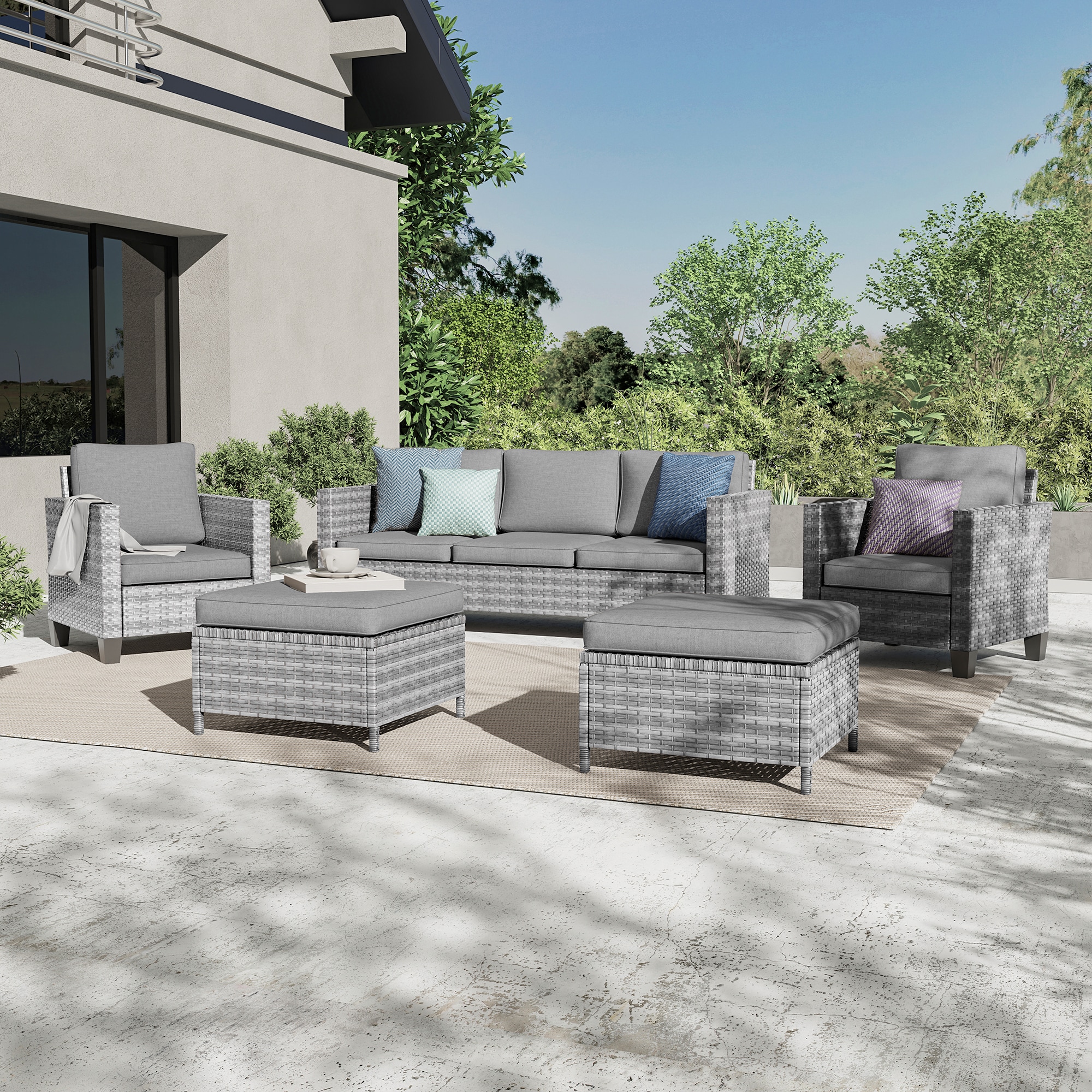 ACEGOSES LW-F700BGY 5 -Piece Wicker Patio Sofa Conversation Set with Gray Cushions
