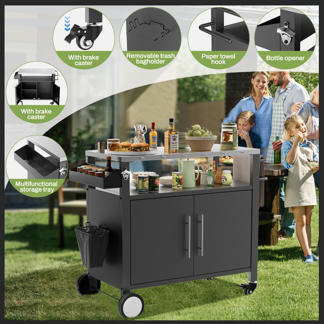 YOSIMFUR wo Doors Outdoor Grill Cart with Patio Furniture Outdoor Grill Table with Storage Rolling Bar Cart Outdoor BBQ Cart with Hooks and Spice Rack for Grilling Accessories Black Sansujyuku sansujyuku.com