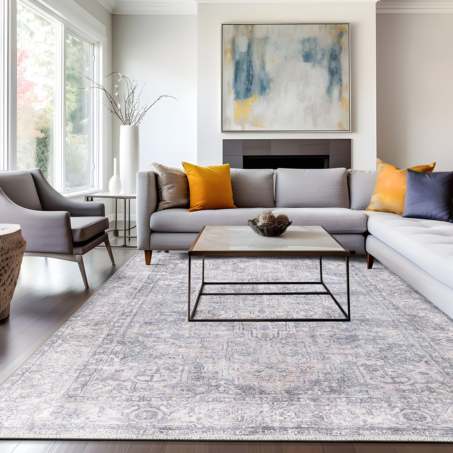 Blue Synthetic Flat Woven Medallion 10' x 14' Washable Rug