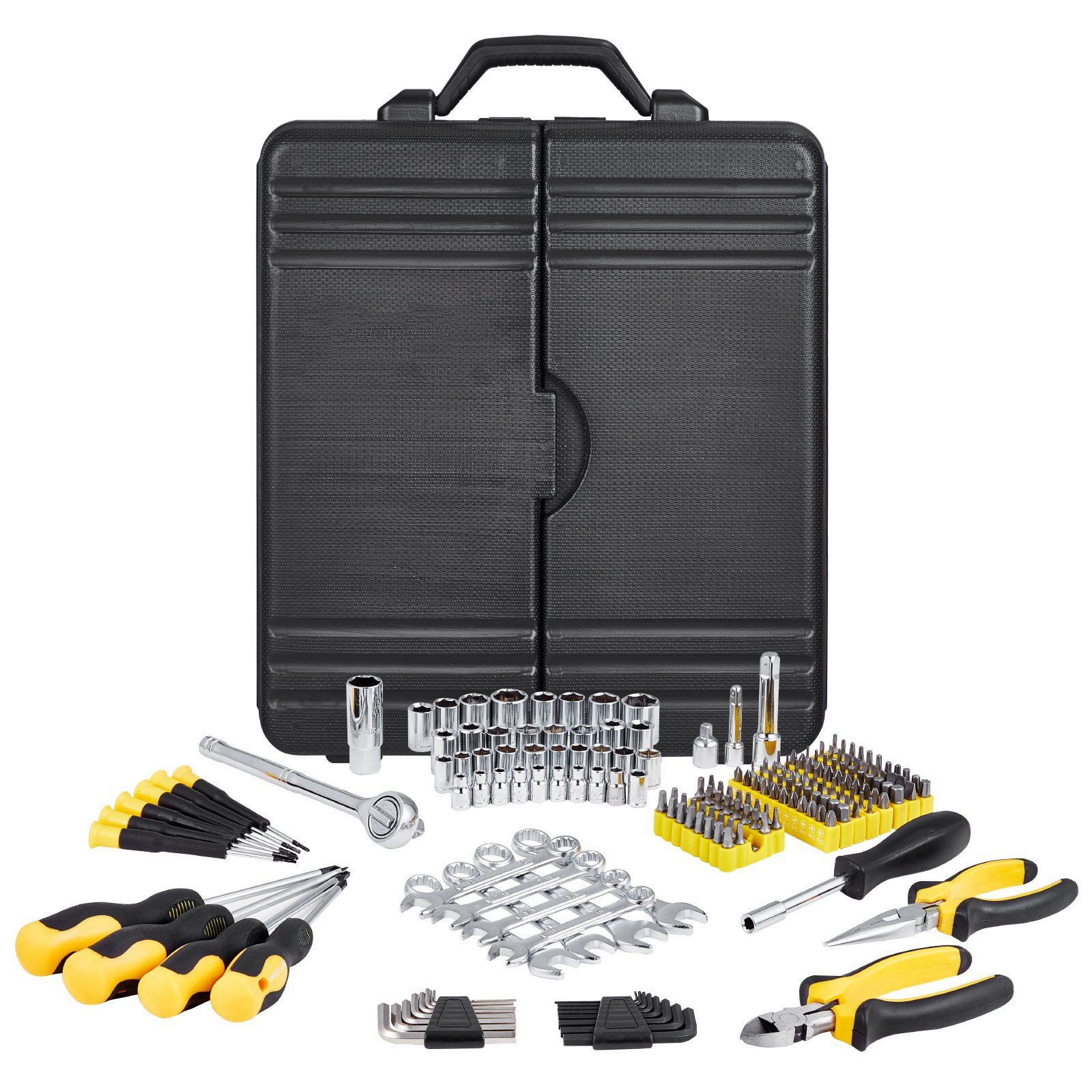 Slickblue 221-Piece SAE Metric Mechanics Tool Set with 1/4 and 3/8-Inch Drives and Plastic Case for Garage Workshop Repairs