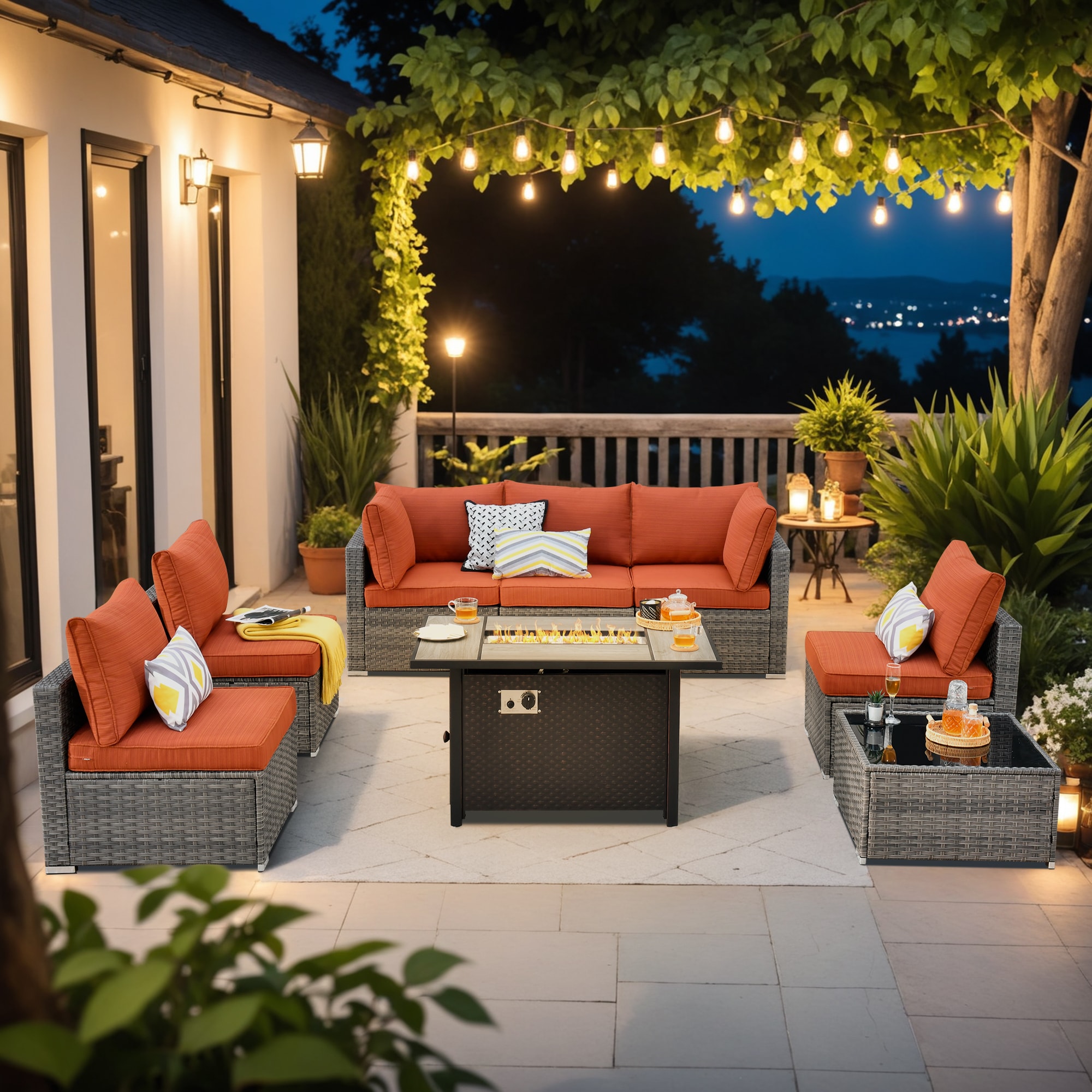 XIZZI XIHOPS804-IFP Sunrise 8 -Piece Rattan Patio Sofa Conversation Set with Orange Cushions