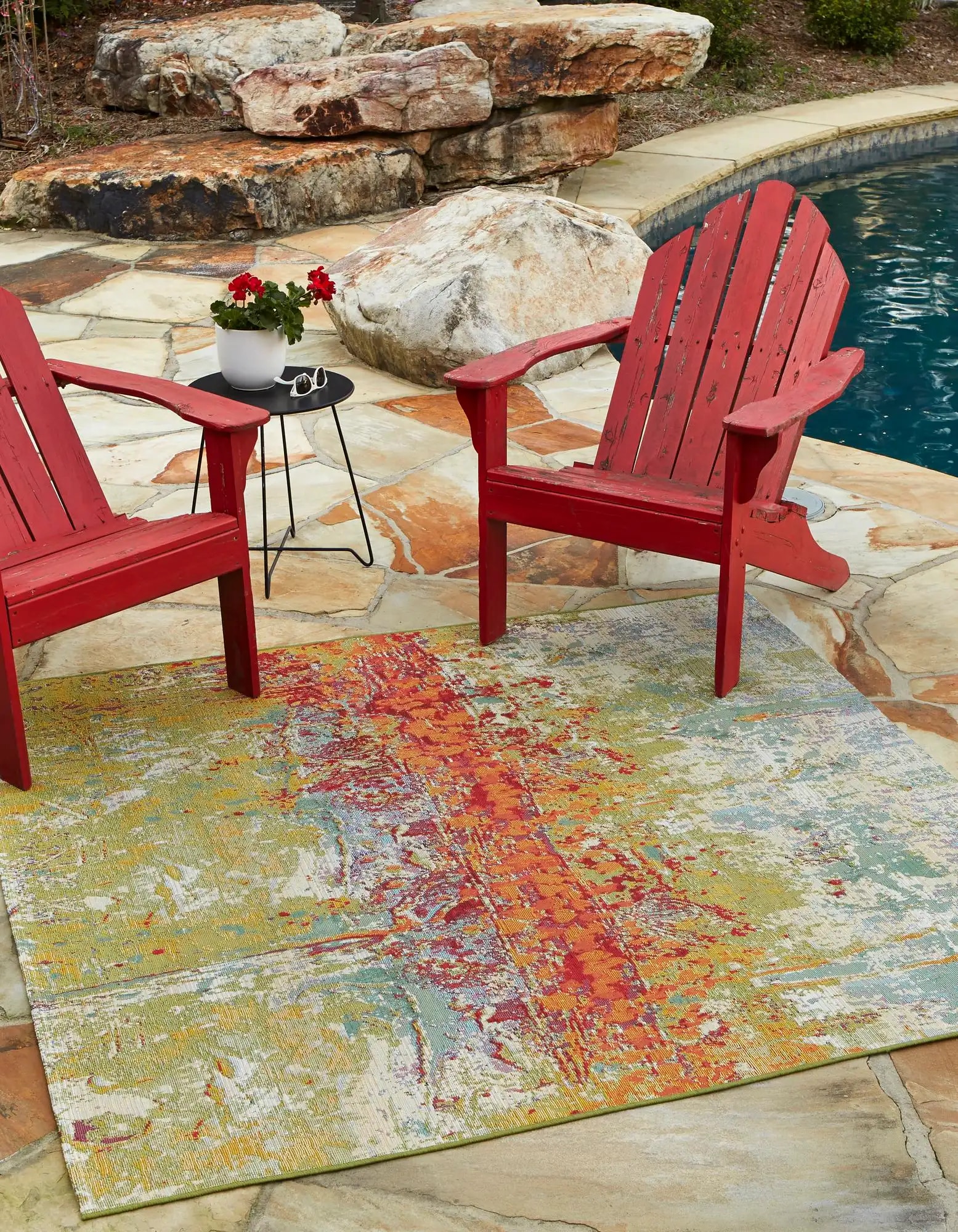 Vibrant Abstract Outdoor Square Rug - 6' Multicolor Easy-Care