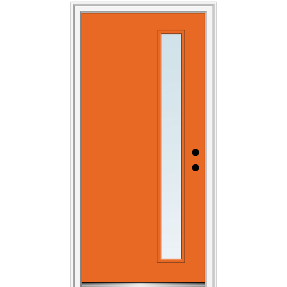 MMI DOOR ZZ348441L 32-in x 80-in x 6-9/16-in Fiberglass Pulse lite Left-hand inswing Tangerine Painted Prehung Front Door with Brickmould Insulating core
