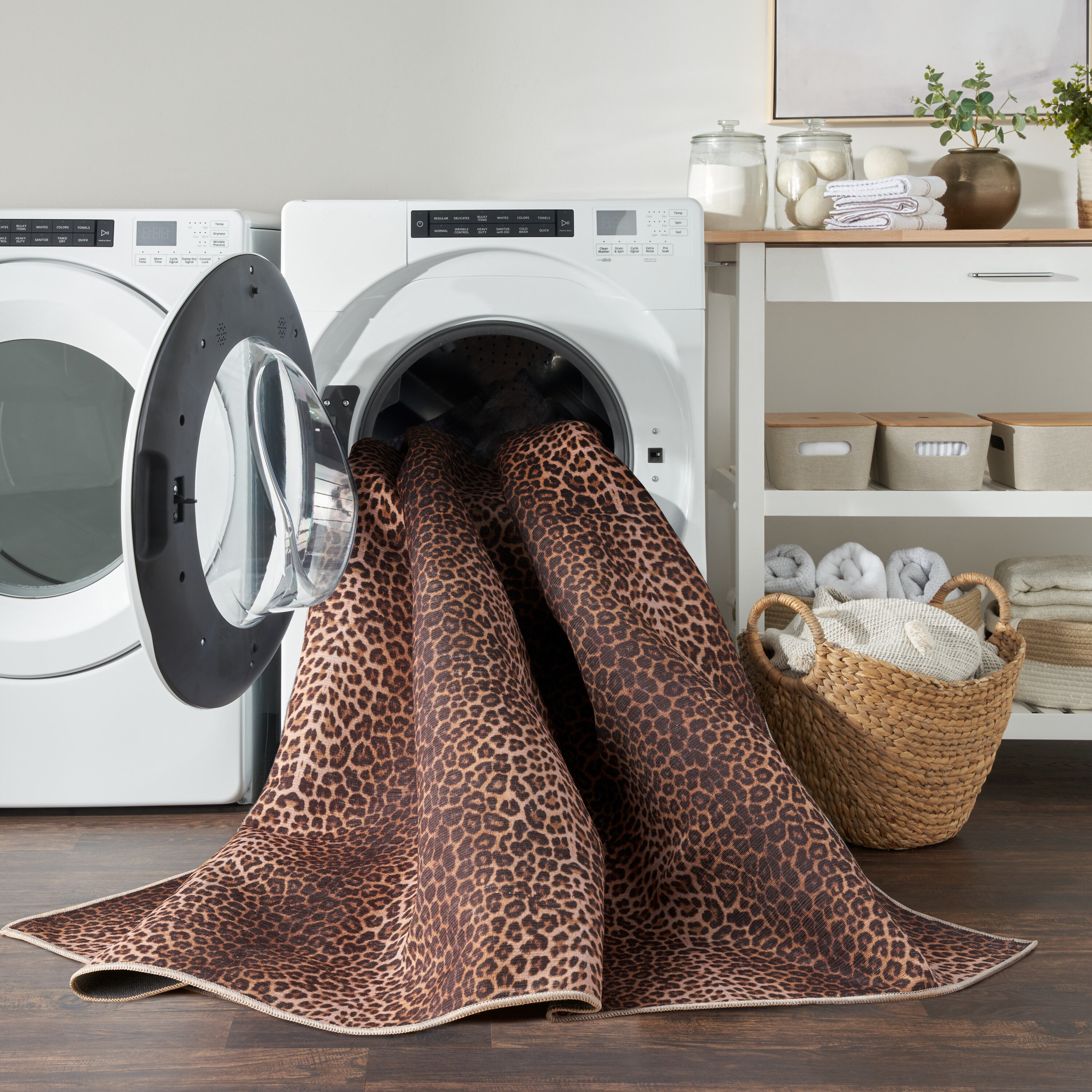 Leopard Print Brown and Beige Rectangular Washable Area Rug