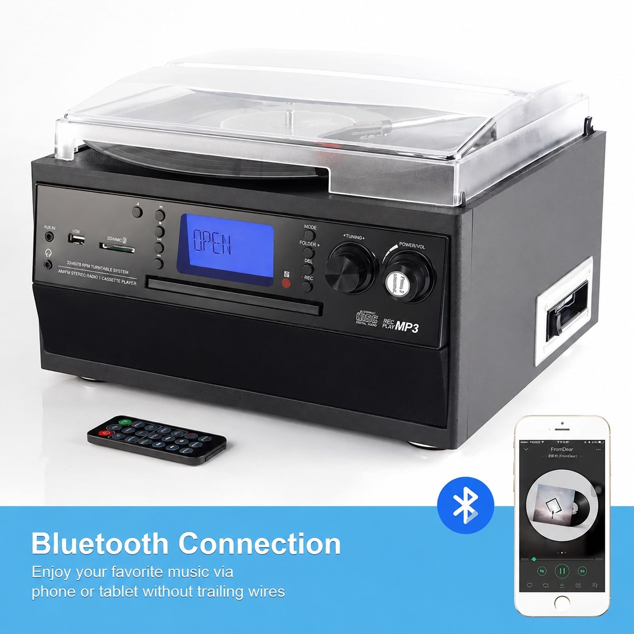 Etokfoks record player turntable with stereo speakers LP to MP3 converter CD cassette radio aux USB SD remote and builtin amplifier #LETB8DL8P