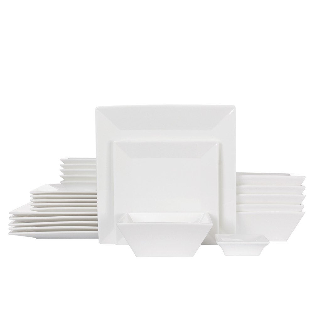 Aoibox  24 Piece Classic Square Off White Porcelain Dinnerware Set with Plates Bowls and Dipping Saucers for 6