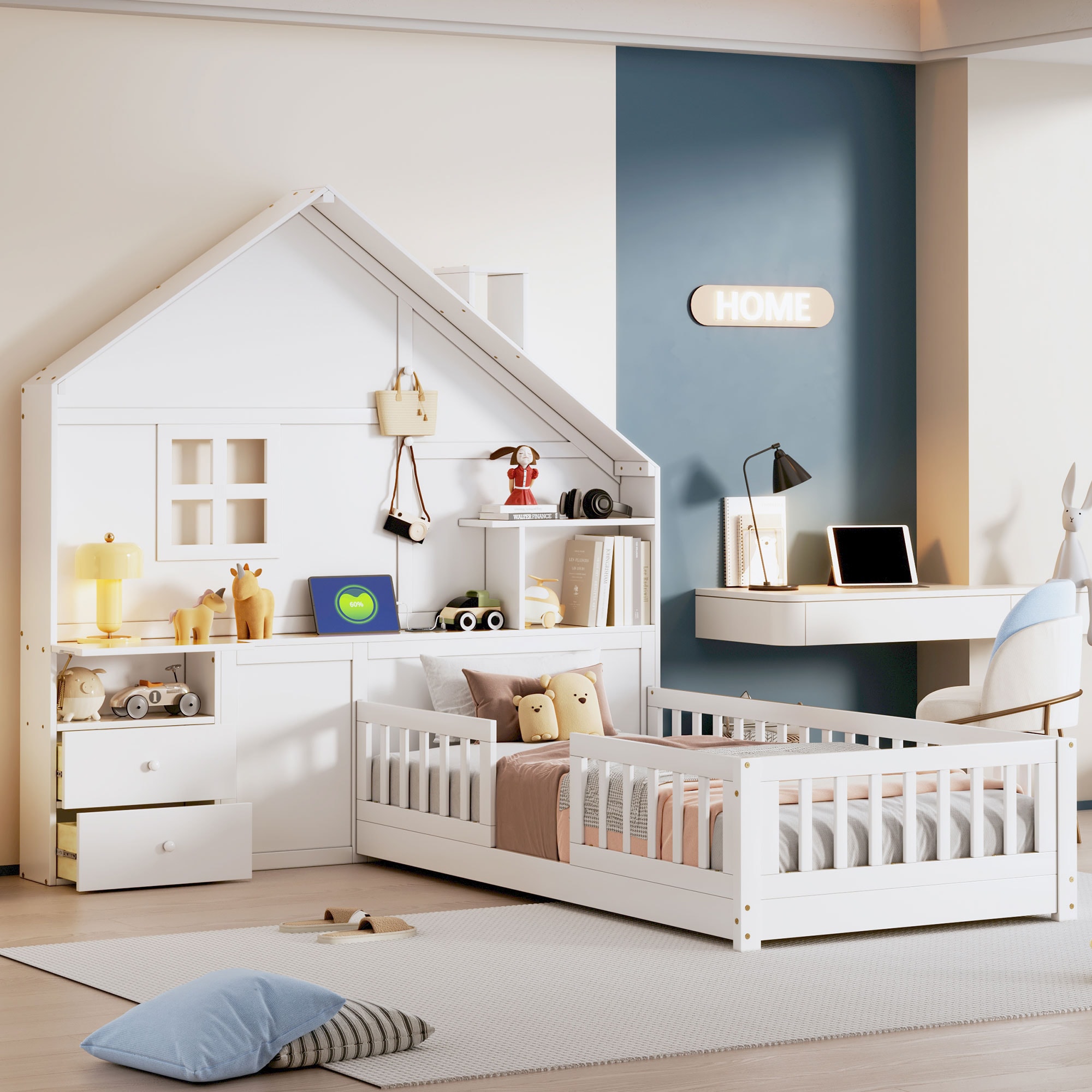 ModernLuxe LT000422AAK-1 Twin Size House Bed with Window and Bedside Drawers Platform Bed with Shelves and a set of Sockets and USB Port White