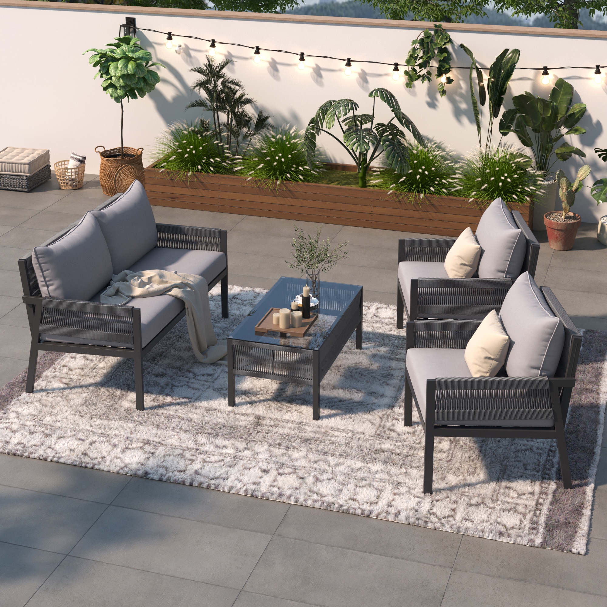 Fun Orange FUN25CP06 Tempered Glass Table 4 -Piece Woven Patio Conversation Set with Gray Cushions