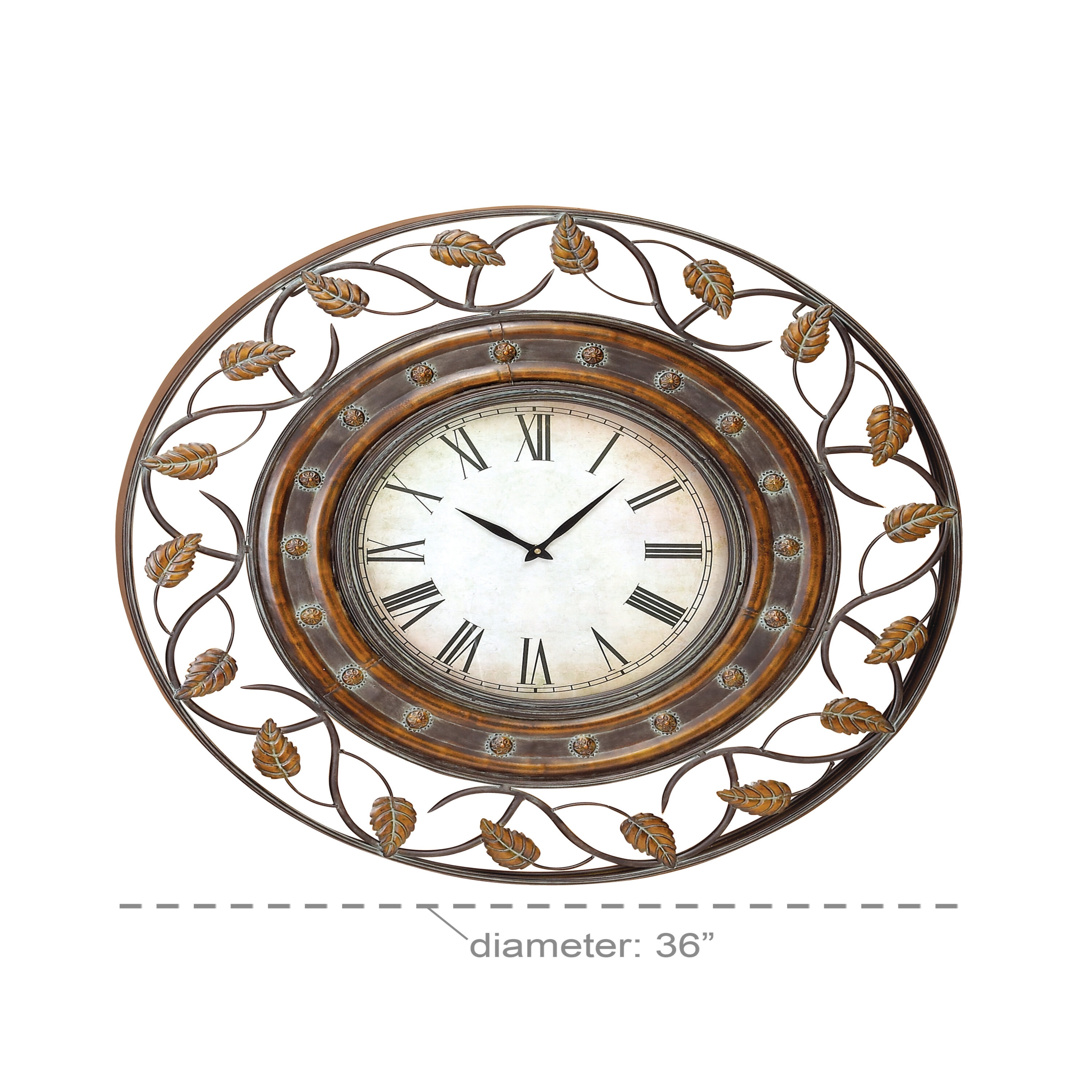 36'' Brown Metal Leaf Medallion Wall Clock with Scrolled Vines