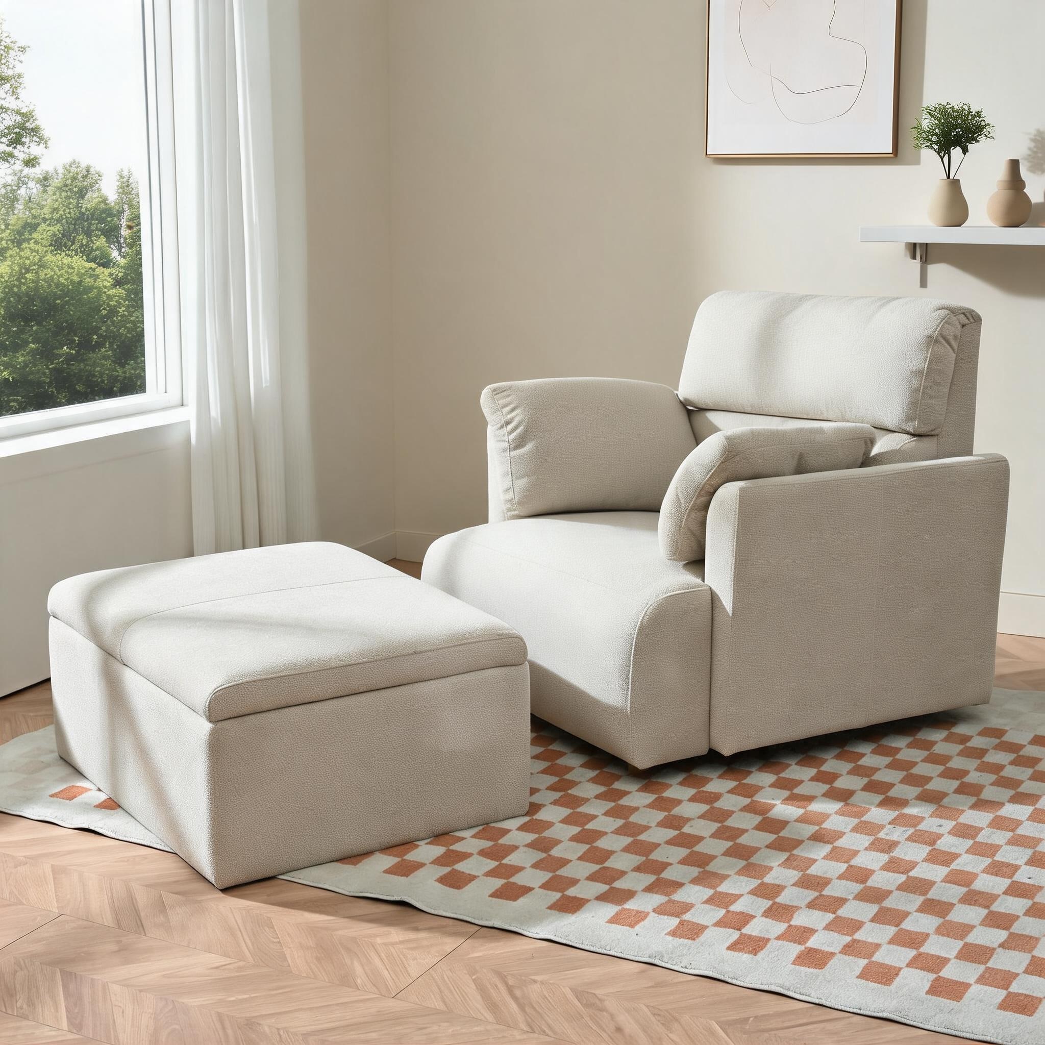 Watnature - Storage Equipped Oversized Accent Chair with Ottoman Living Room Reading Lounge Chair...