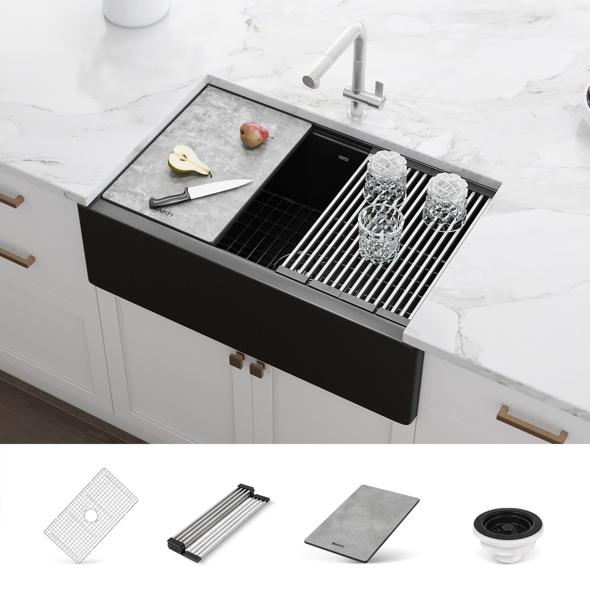 Ruvati RVG1533BK epiCast Farmhouse apron front 33-in x 20.5-in Granite Single bowl Workstation Kitchen Sink