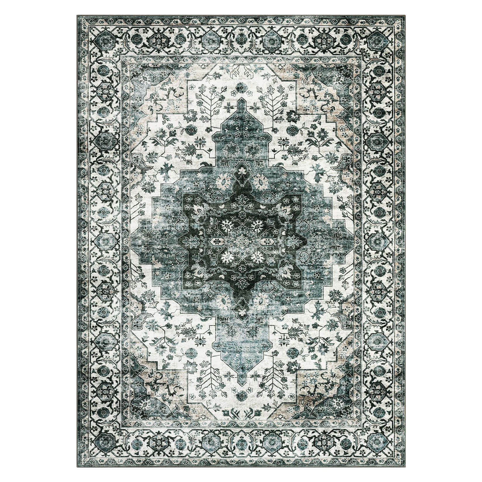Qeetex LSN-PHO-15FBLPH5 9 x 12 ft Pearl Velvet Gray Green Rectangular Hallway Bathroom Entryway Kitchen Office Foldable Flower Printed Persian Washable Area Rug