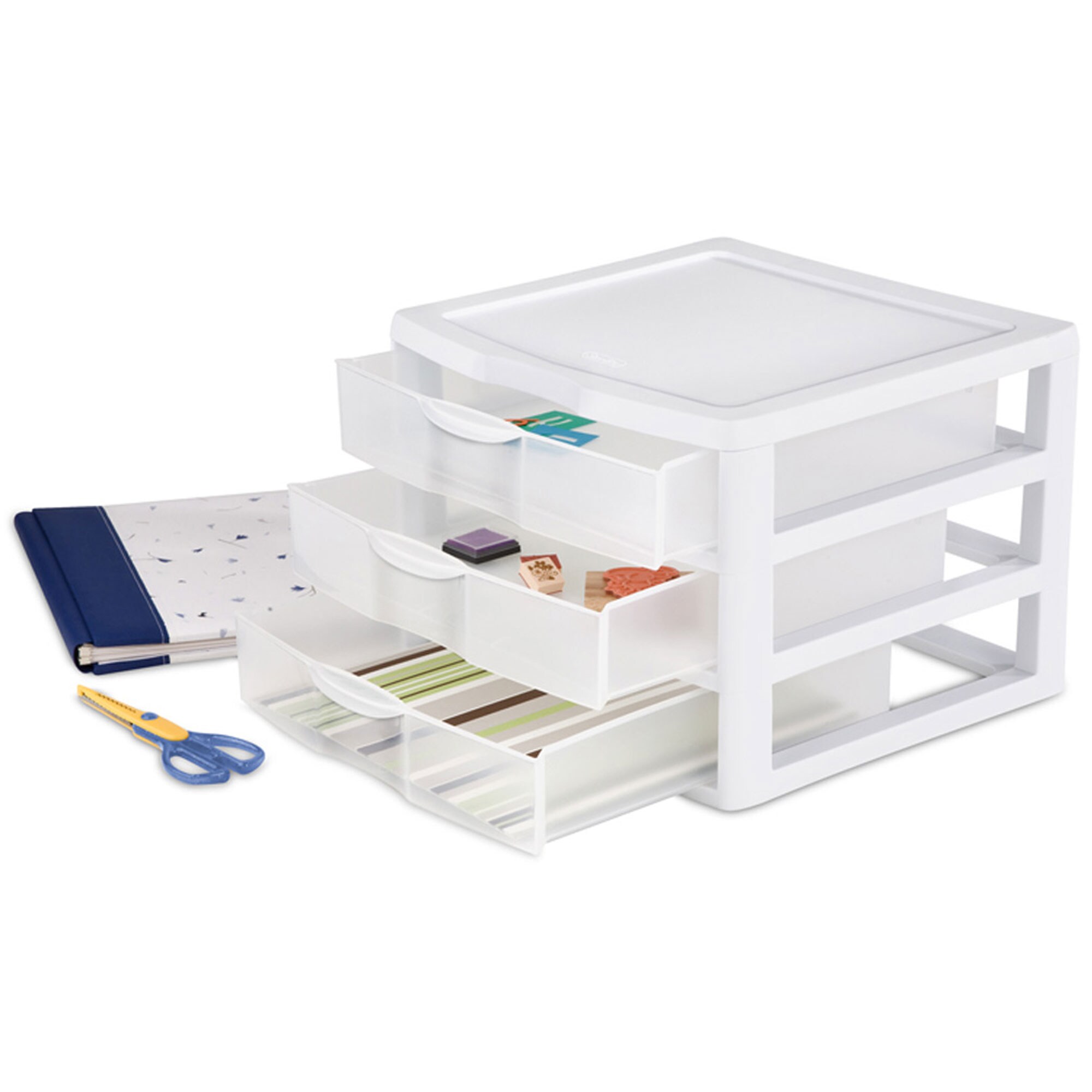 Sterilite Wide Portable Countertop 3-Drawer Desktop Storage Unit, 3-Pack, White