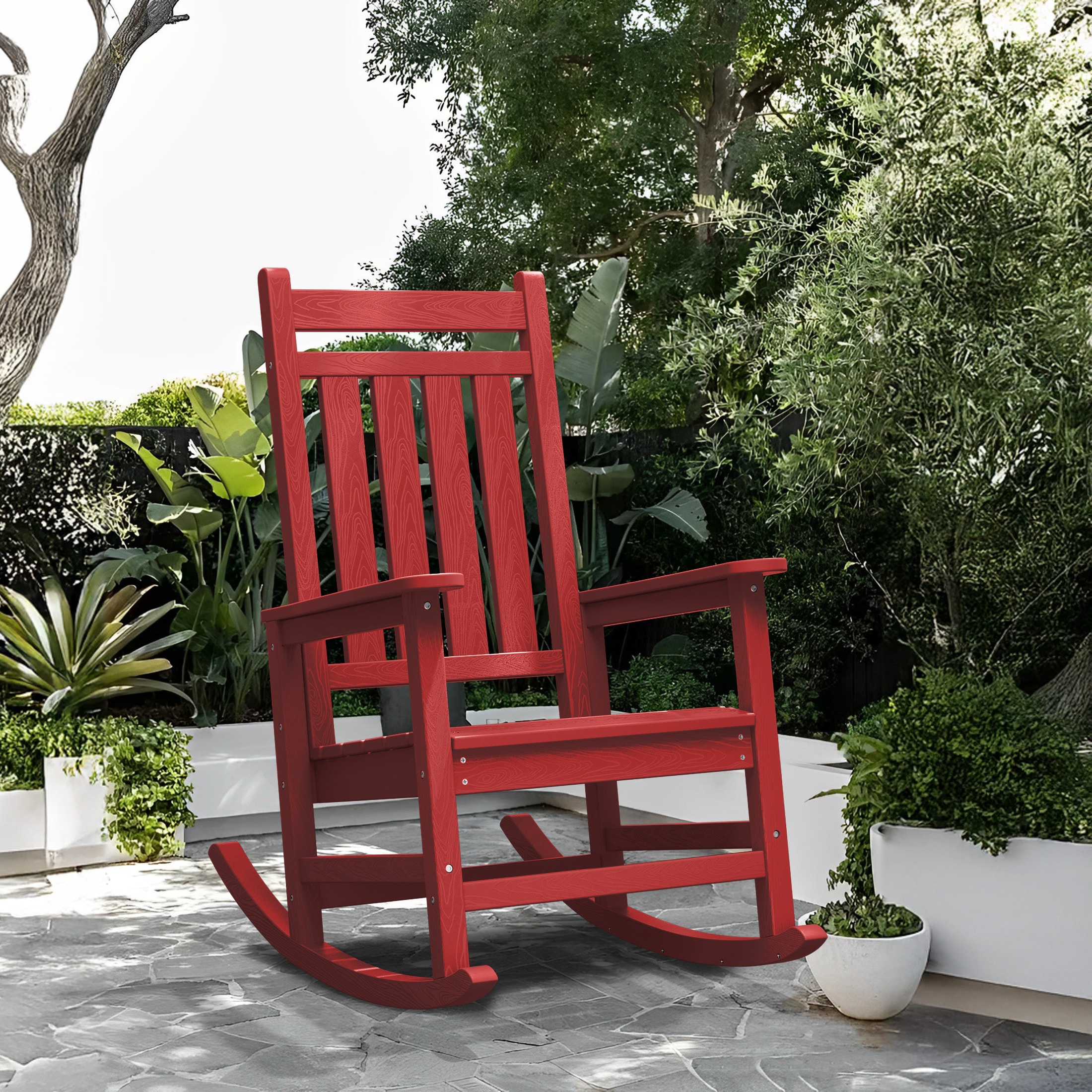 JEAREY YDYY-LP HDPE High-back Patio Rocking Chair Dark Red HDPE Frame Rocking Chair with Slat Seat