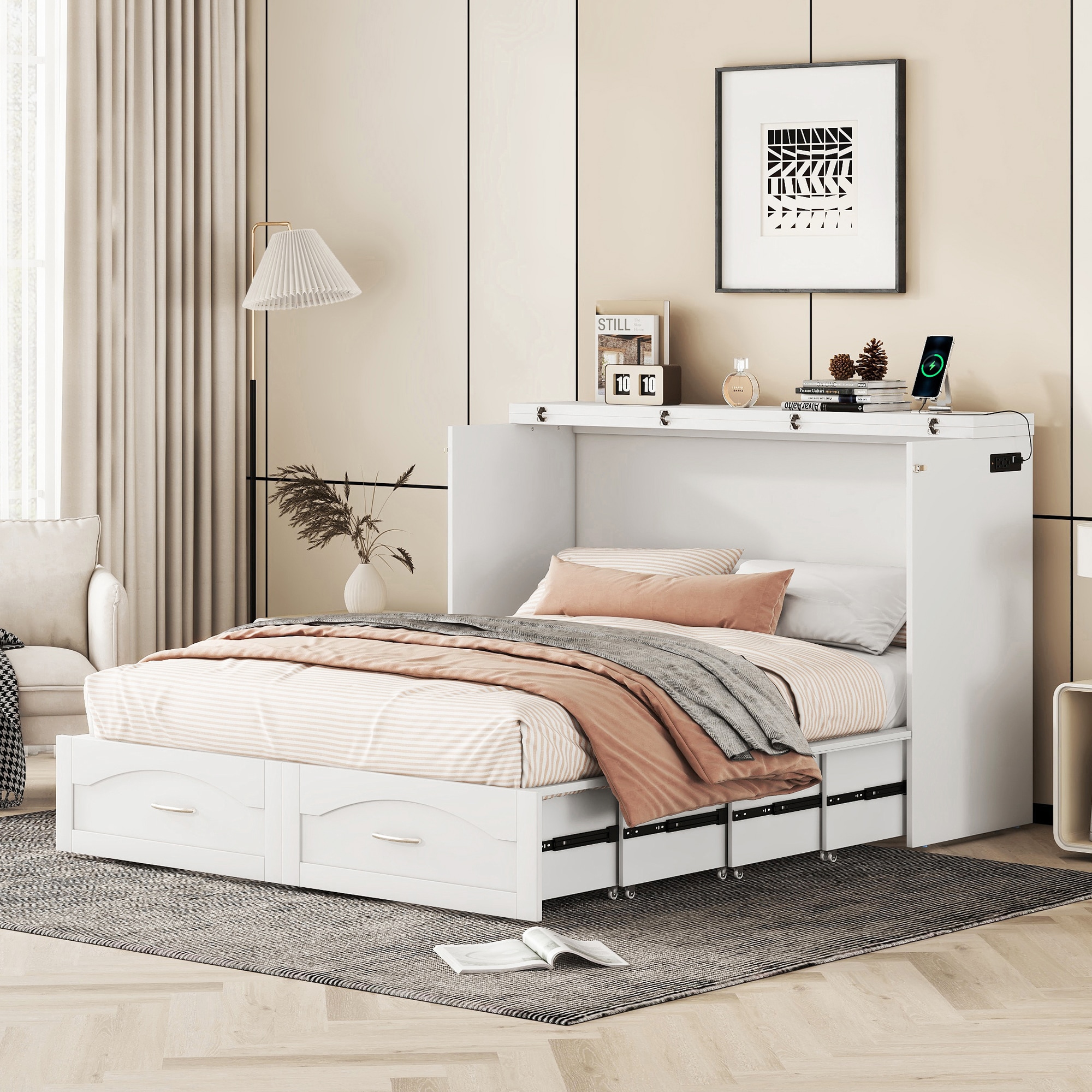 ModernLuxe LP100671AAK Queen Size Murphy Bed Wall Bed with drawer and a set of Sockets  USB Ports Pulley Structure Design White
