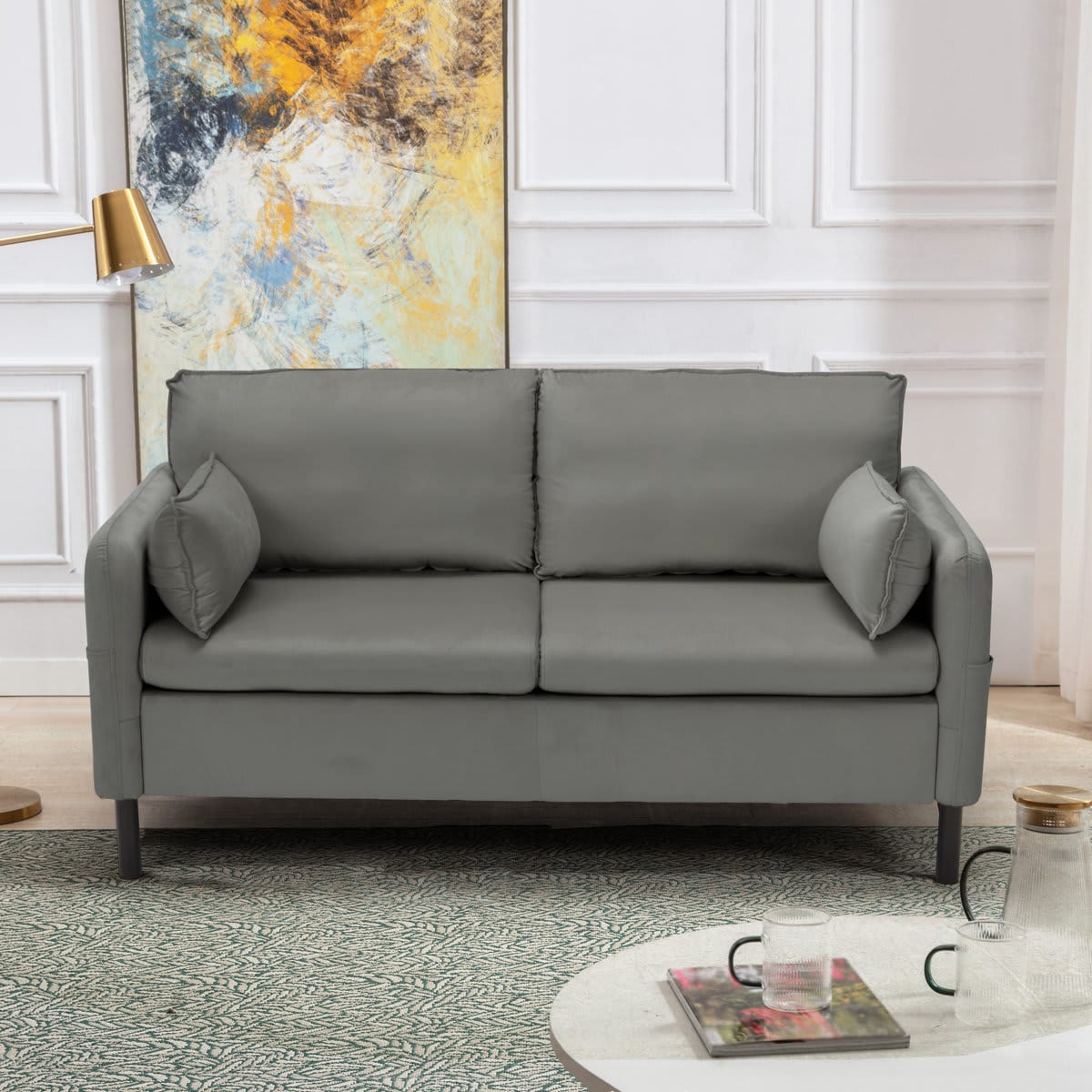 U-HOMY 57.9 in Velvet Loveseat Sofa With 2 Extra Soft Cushions and Convenient Side Storage Gray