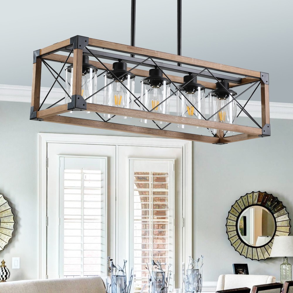 Basdien 31 in Brown Industrial Farmhouse Rectangle Pendant Light Chandelier Iron Frame Design Adjustable Hanging E26 Base Max 300W Compatible LED Incandescent CFL Halogen Bulbs for Dining Room Kitchen Island Living Room Foyer Easy Install Nice
